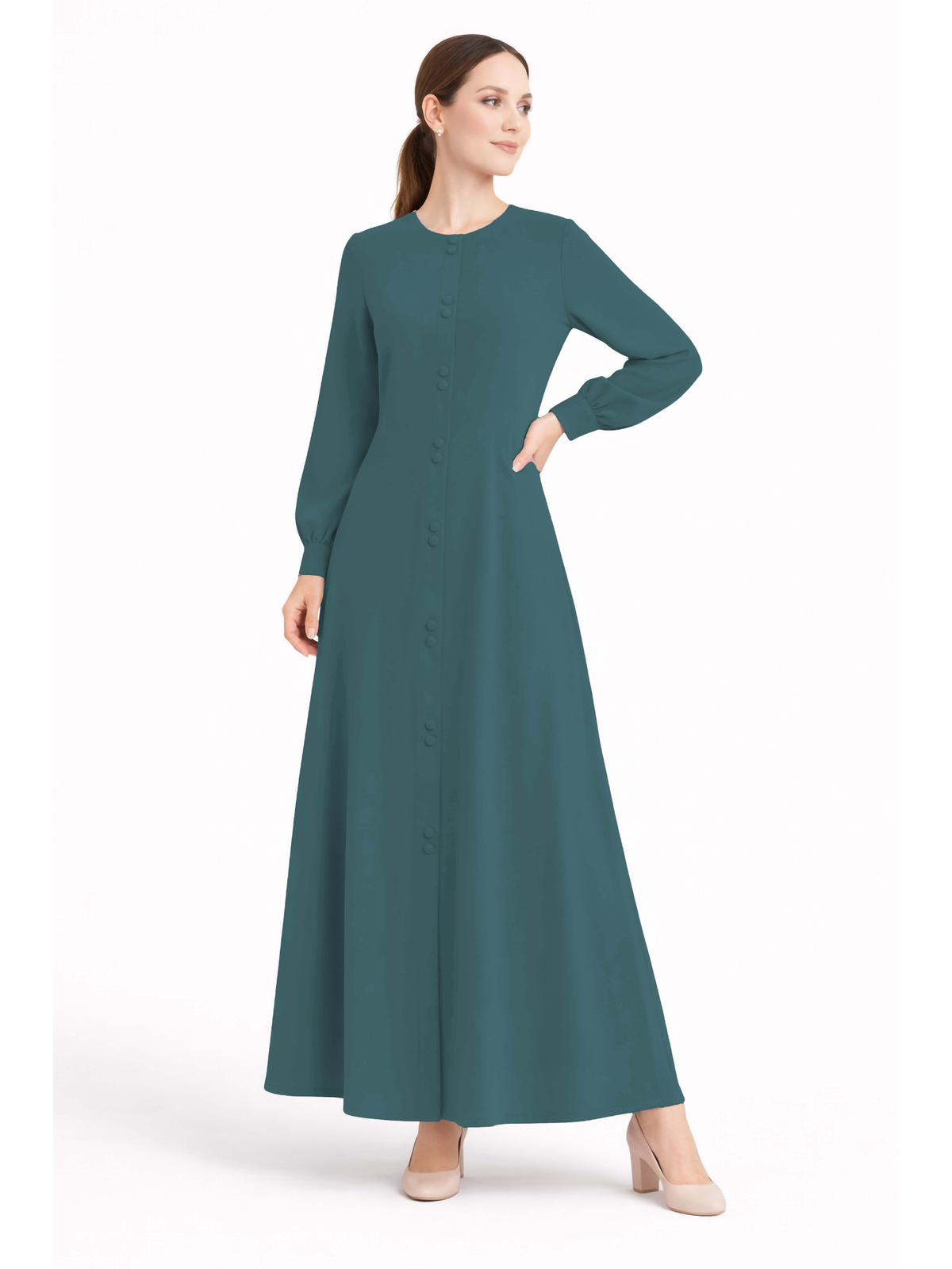 LINA TEAL – Premium Teal Button Front Abaya | Round Neck | Without Hijab | Free Size | AARUH