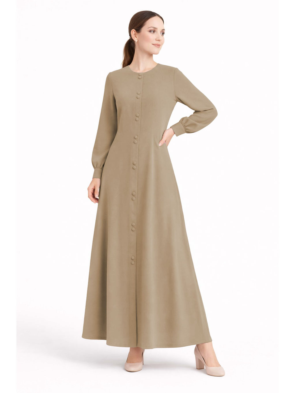LINA BROWN – Premium Brown Button Front Abaya | Round Neck | Without Hijab | Free Size | AARUH