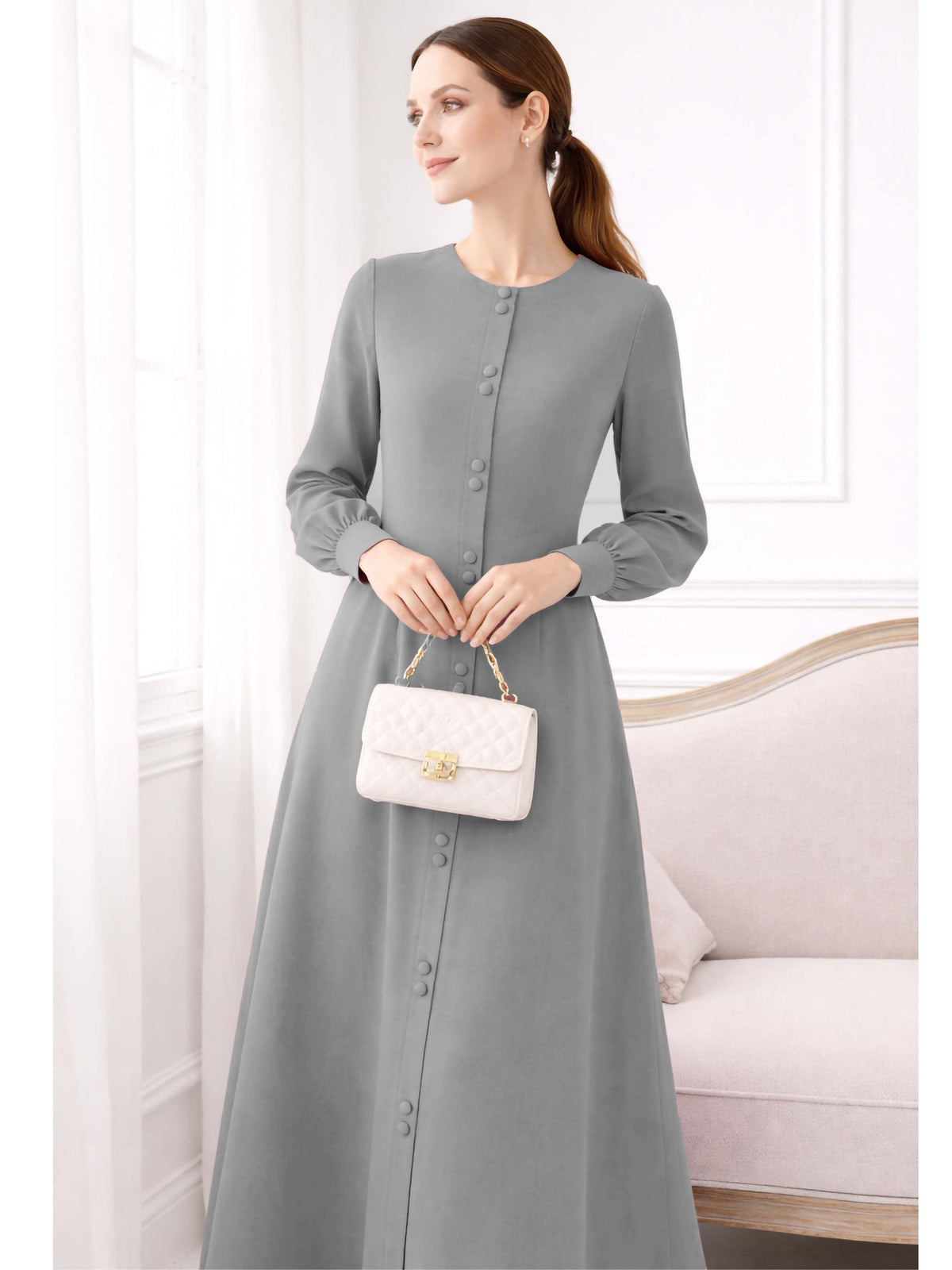 LINA STEEL GREY – Premium Steel Grey Button Front Abaya | Round Neck | Without Hijab | Free Size | AARUH