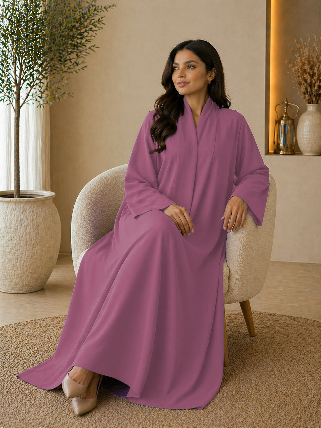 KIMONO PINK – Premium Pink Kimono Style Abaya | V Neck | Without Hijab | Free Size | AARUH