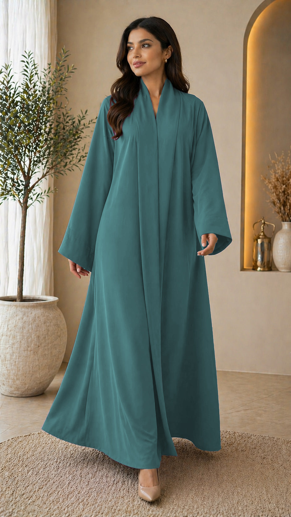 KIMONO TEAL – Premium Teal Kimono Style Abaya | V Neck | Without Hijab | Free Size | AARUH