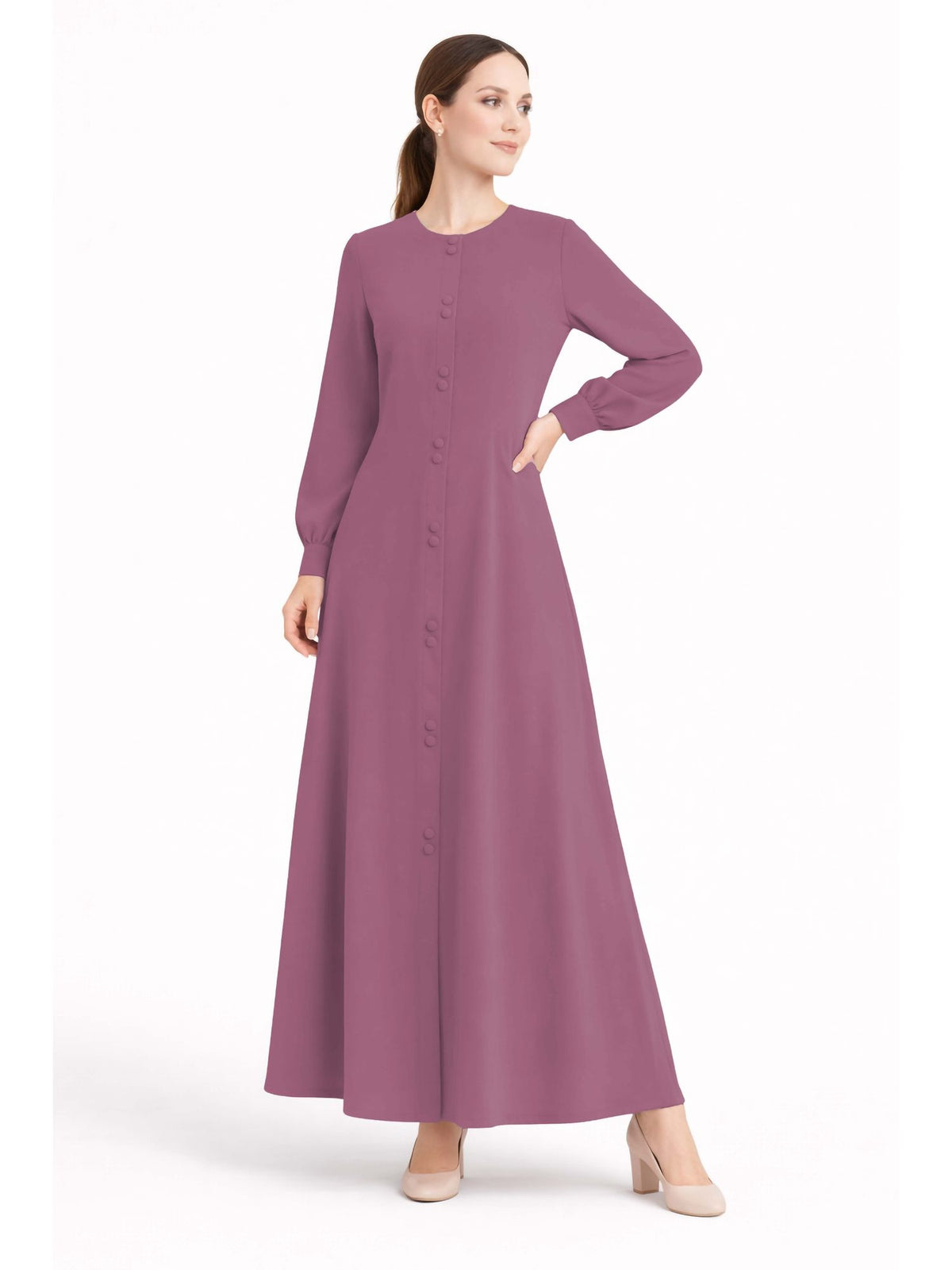 LINA PINK – Premium Pink Button Front Abaya | Round Neck | Without Hijab | Free Size | AARUH