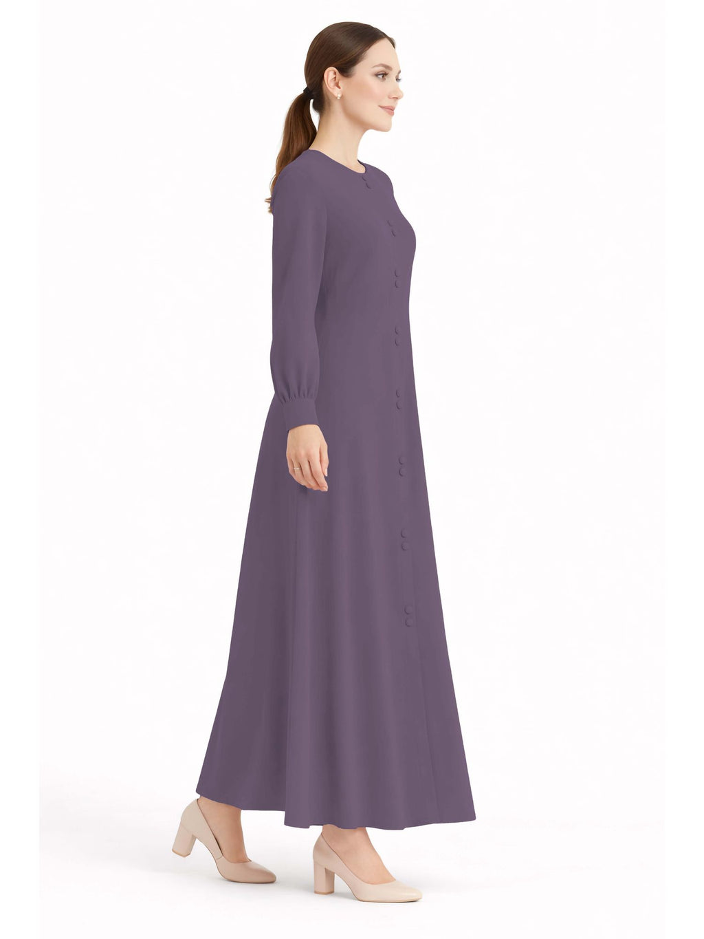 LINA LAVENDER – Premium Lavender Button Front Abaya | Round Neck | Without Hijab | Free Size | AARUH