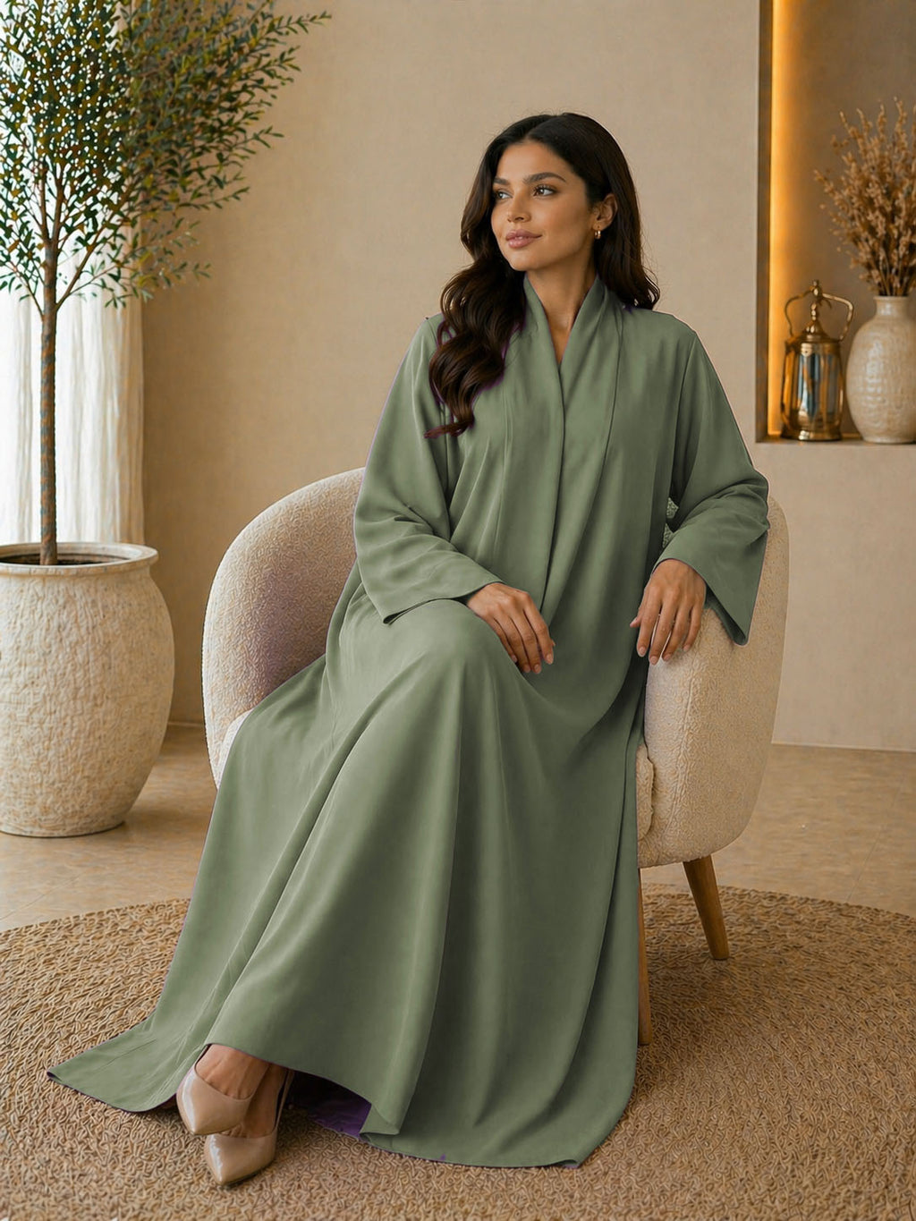 KIMONO GREEN – Premium Green Kimono Style Abaya | V Neck | Without Hijab | Free Size | AARUH