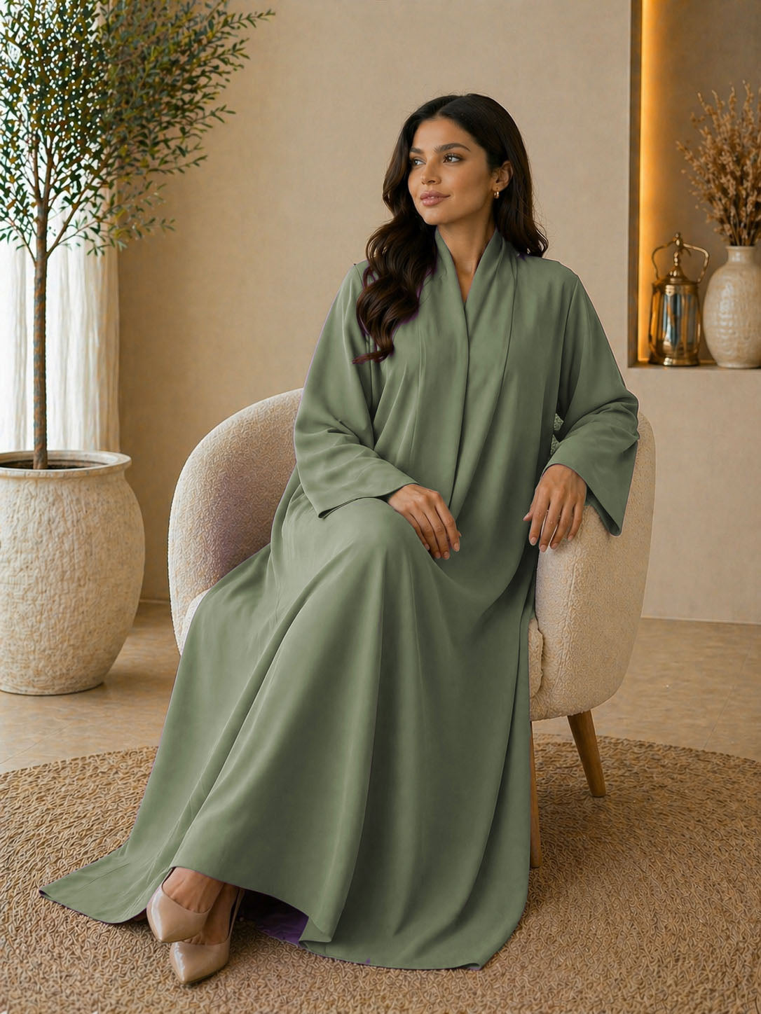 KIMONO GREEN – Premium Green Kimono Style Abaya | V Neck | Without Hijab | Free Size | AARUH