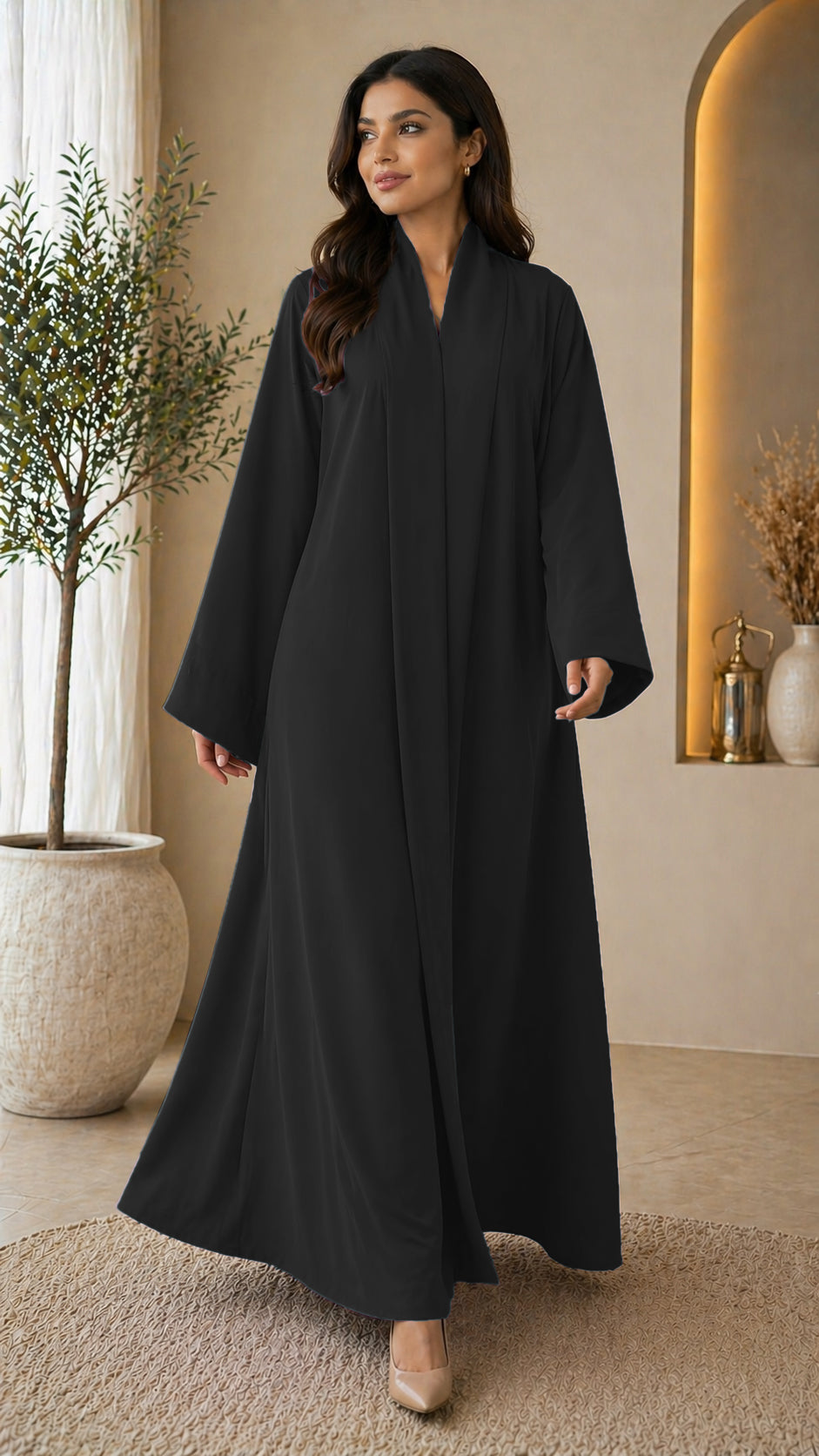 KIMONO BLACK – Premium Black Kimono Style Abaya | V Neck | Without Hijab | Free Size | AARUH