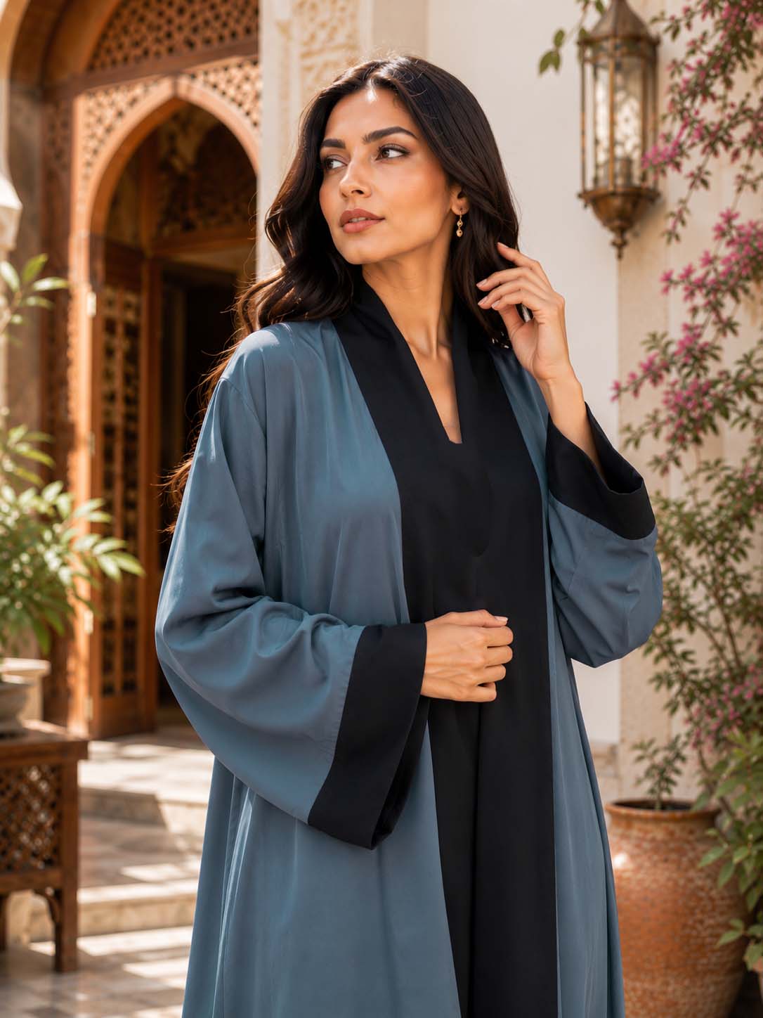Blue Grey Contrast Open Abaya Elegant Two-Tone Modest Wear | AARUH Fashion & Fabrics