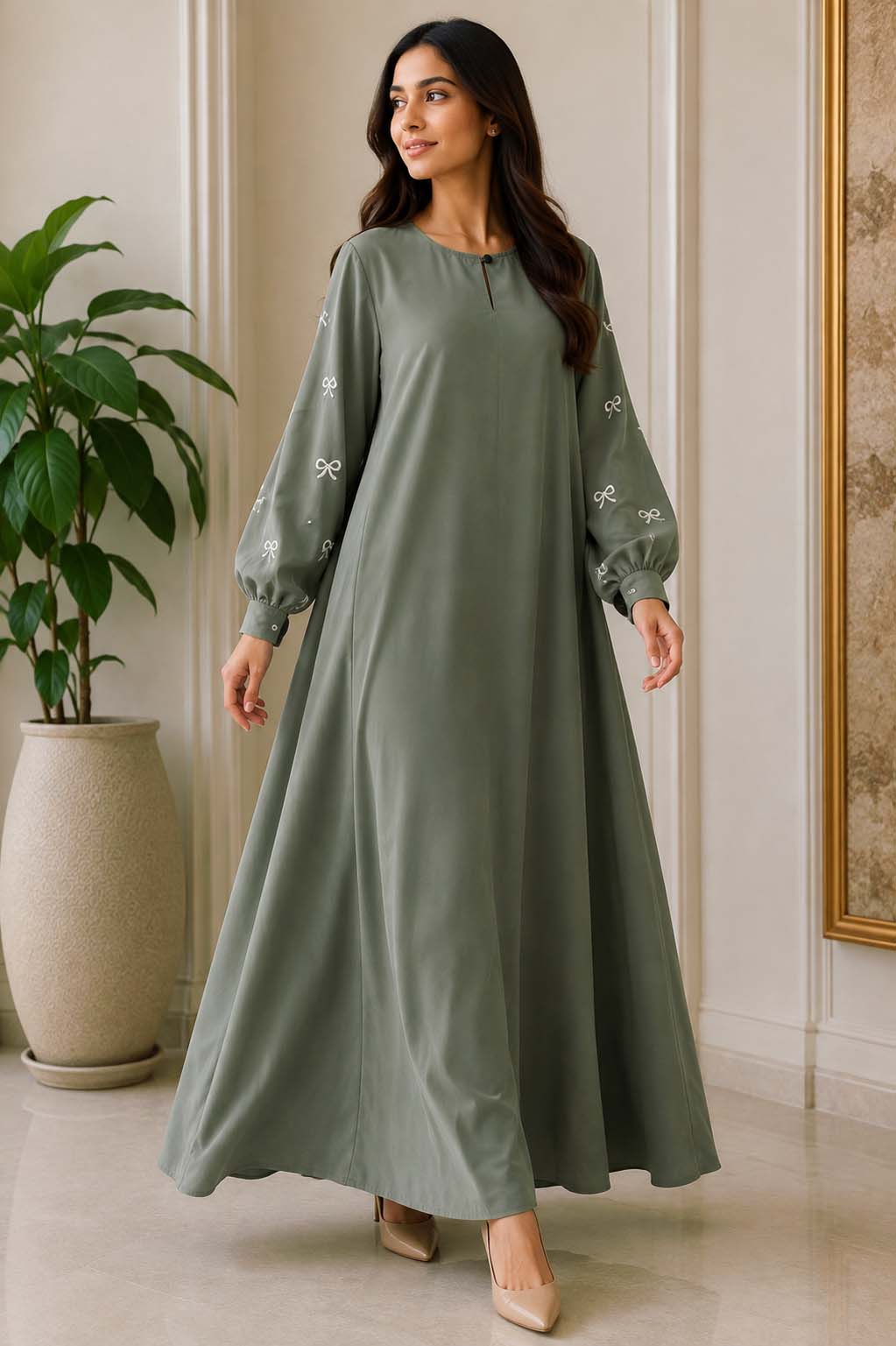 Elegant A-Line Maxi Dress with Bow Embroidered Sleeves