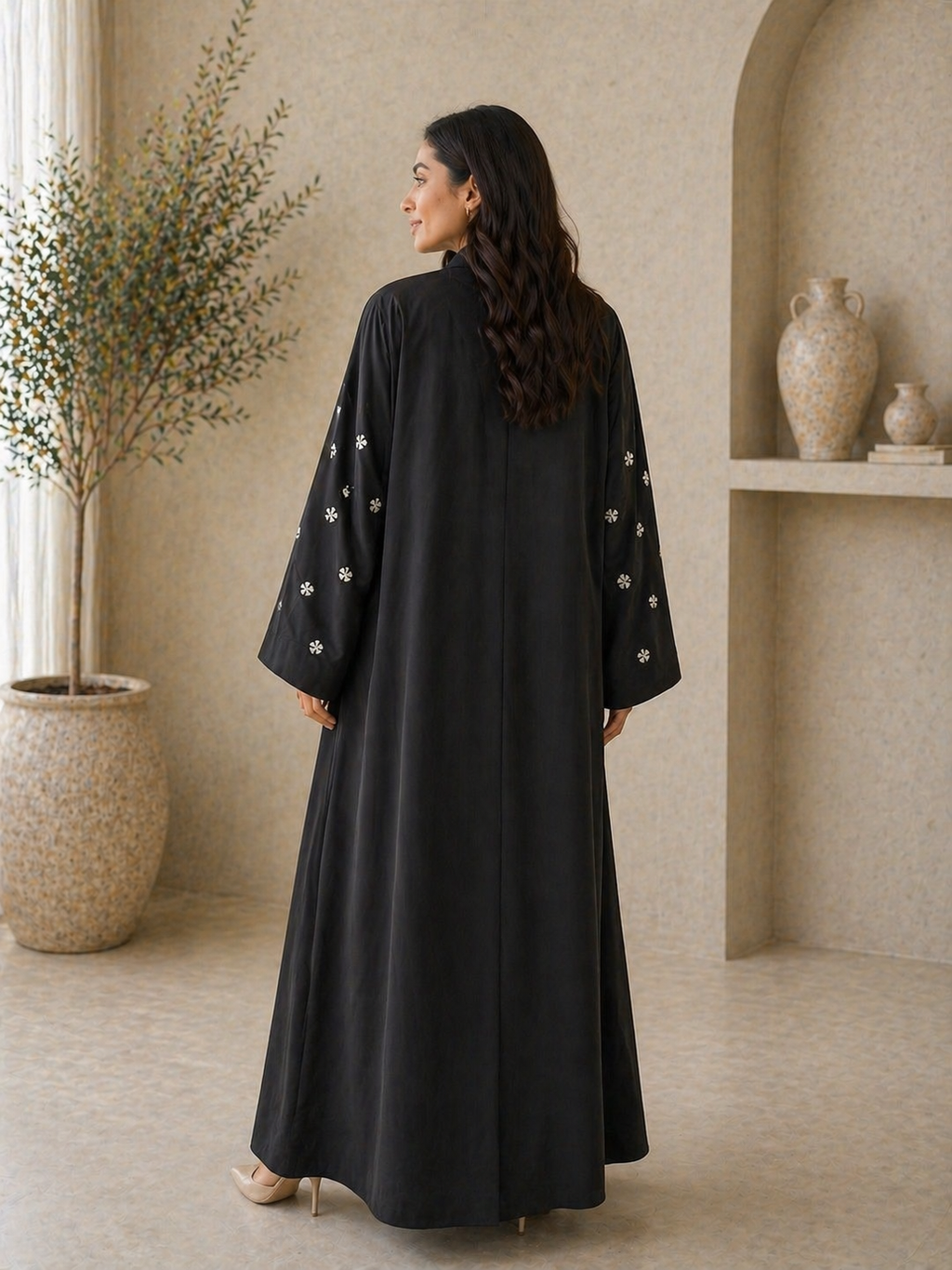 KIMONO BLACK PETAL 333 – Premium Embroidered Kimono Style Abaya | V Neck | Without Hijab | Free Size | AARUH