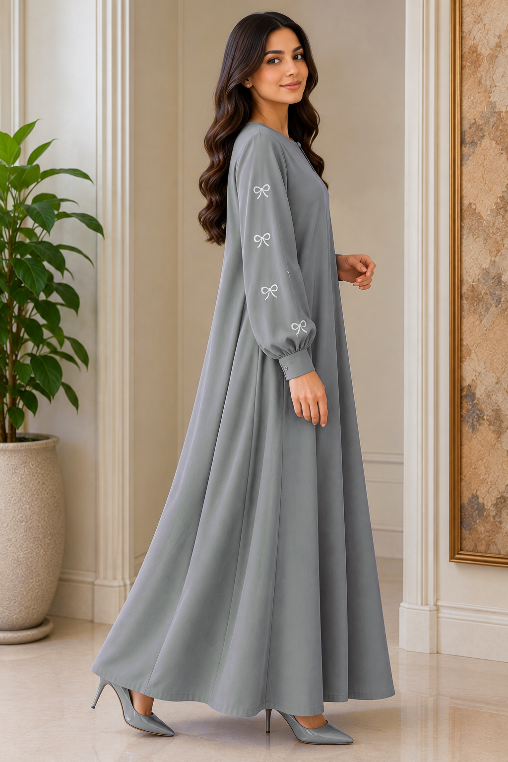 AARUH Women’s Grey Embroidered Abaya | Elegant Bow Sleeve Design | Modest Long Flared Islamic Dress
