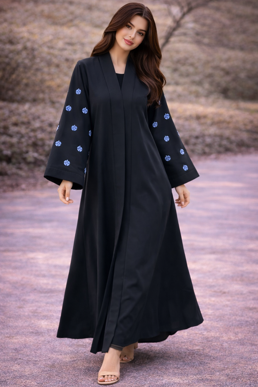 KIMONO BLACK PETAL – Premium Embroidered Kimono Style Abaya | V Neck | Without Hijab | Free Size | AARUH