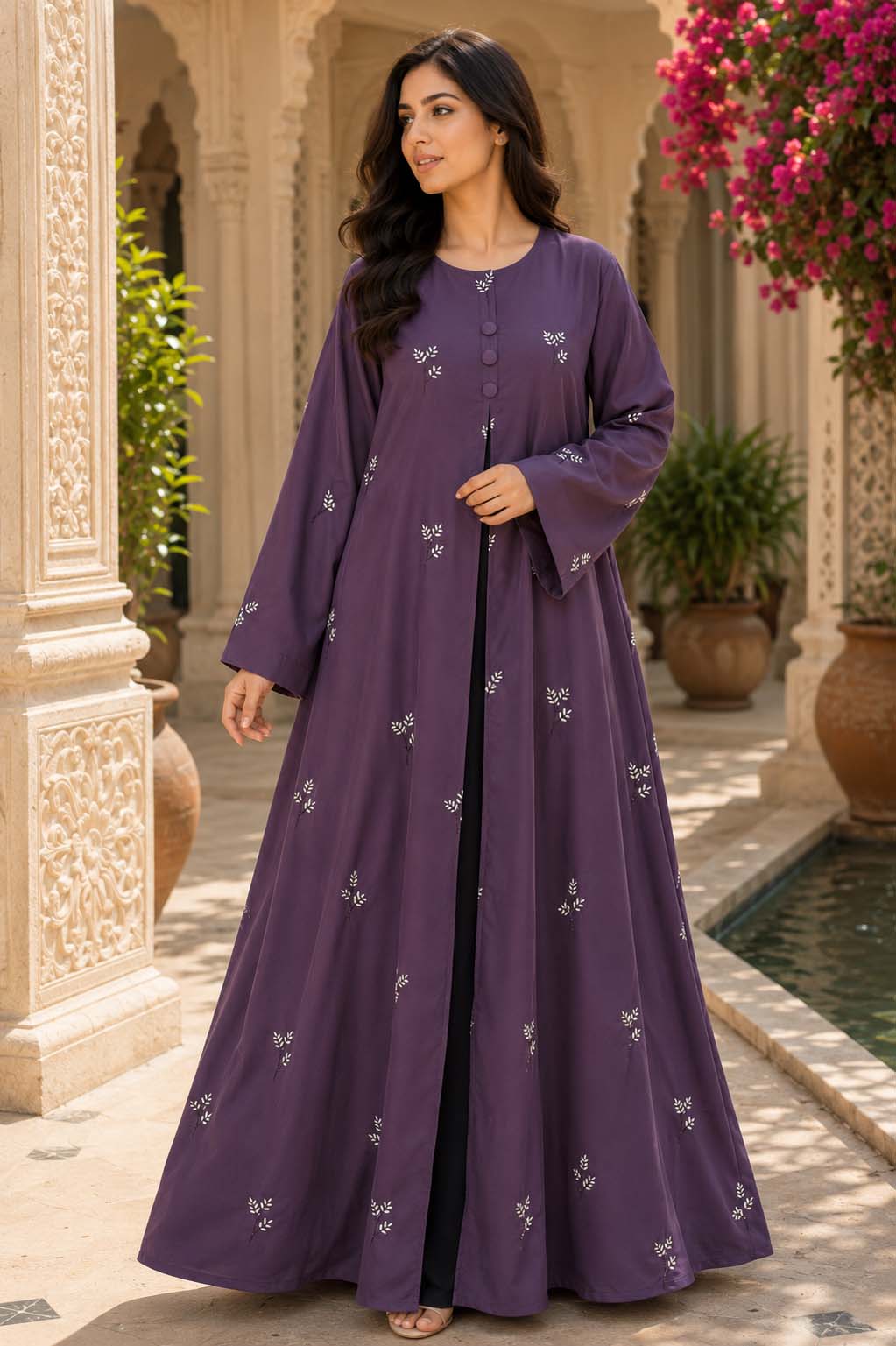 AARUH Purple Floral Embroidered Abaya for Women | Front Button Flared Abaya | Full-Length Modest Islamic Dress