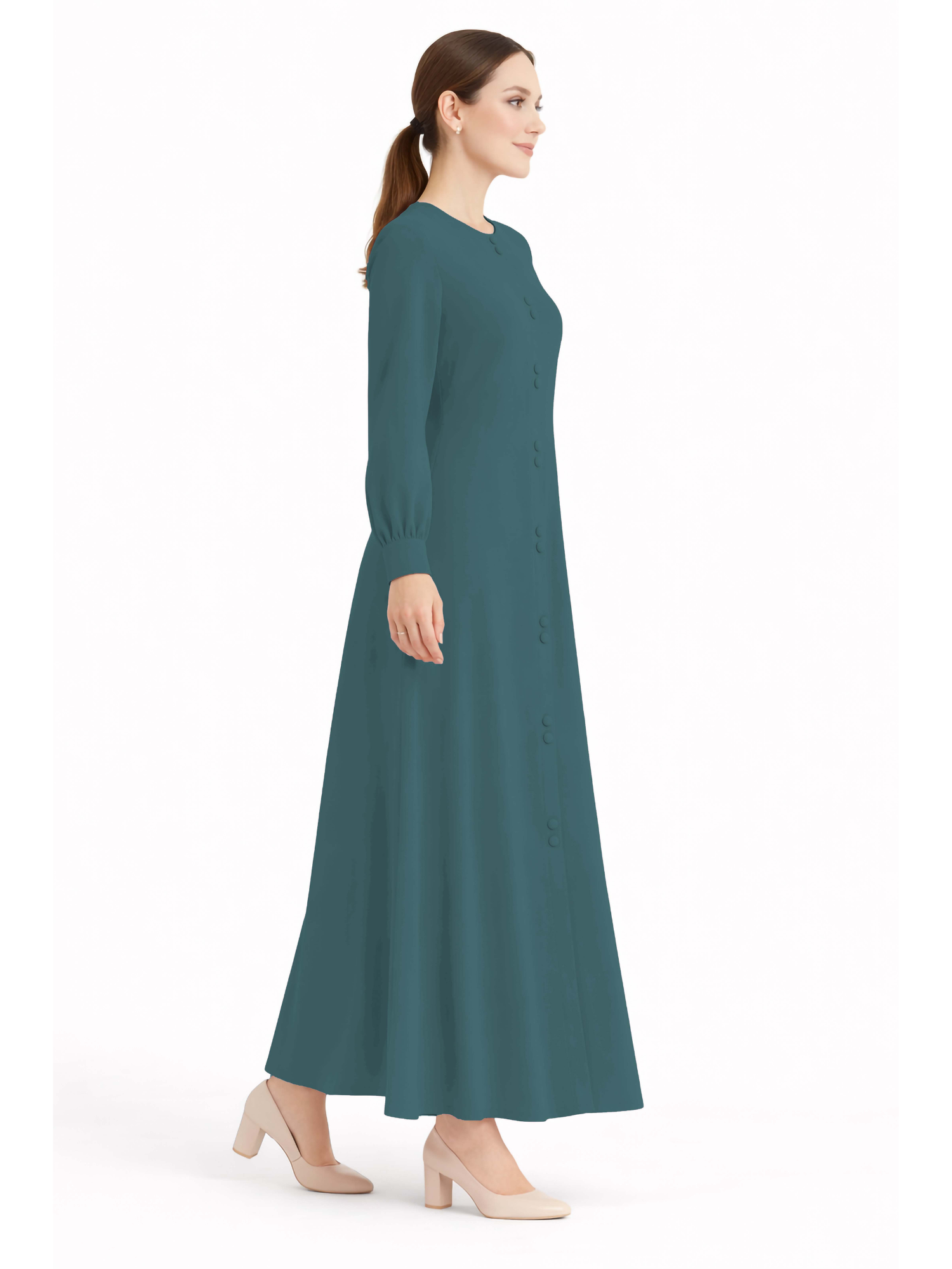 LINA TEAL – Premium Teal Button Front Abaya | Round Neck | Without Hijab | Free Size | AARUH