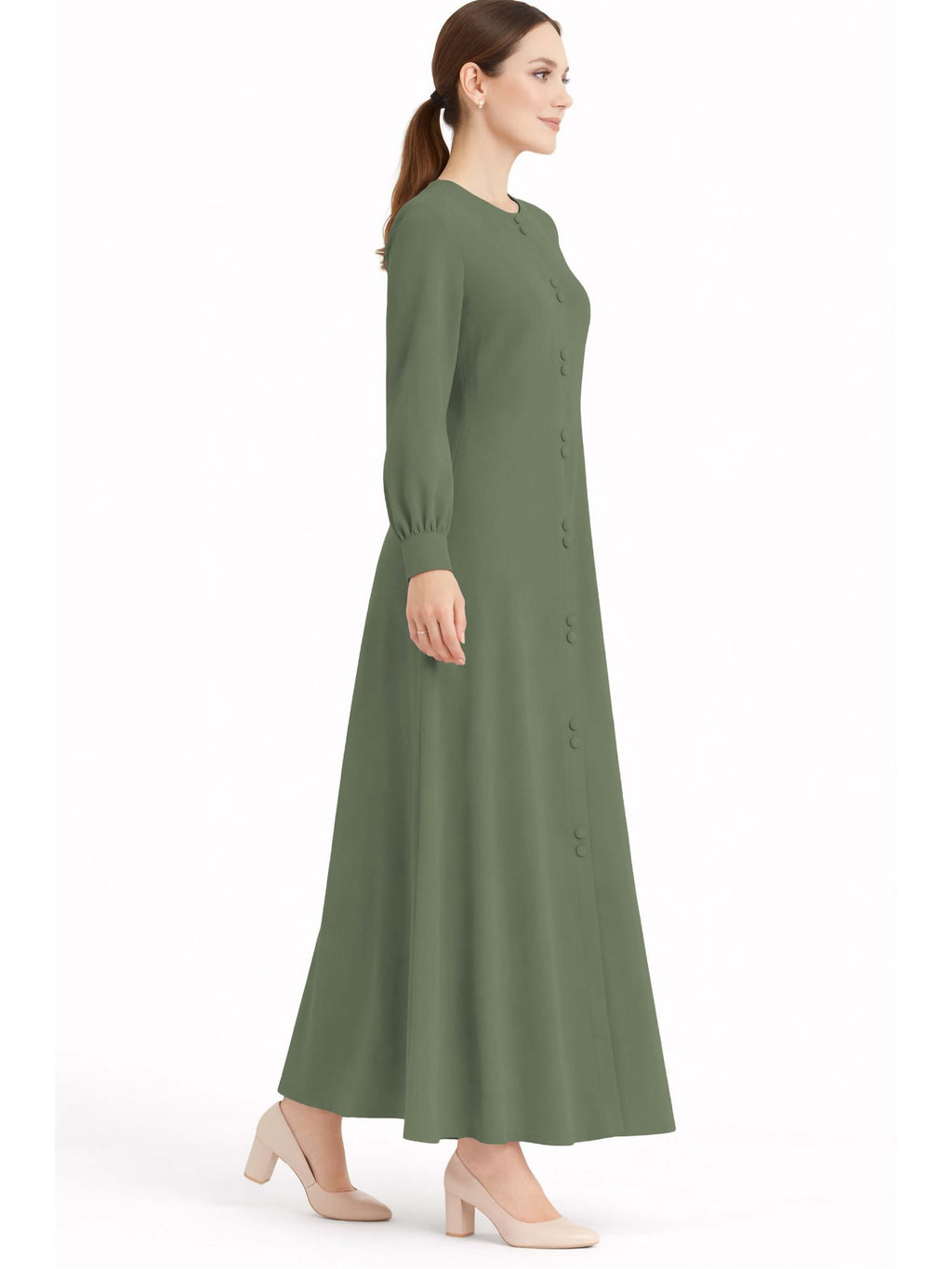 LINA GREEN – Premium Green Button Front Abaya | Round Neck | Without Hijab | Free Size | AARUH