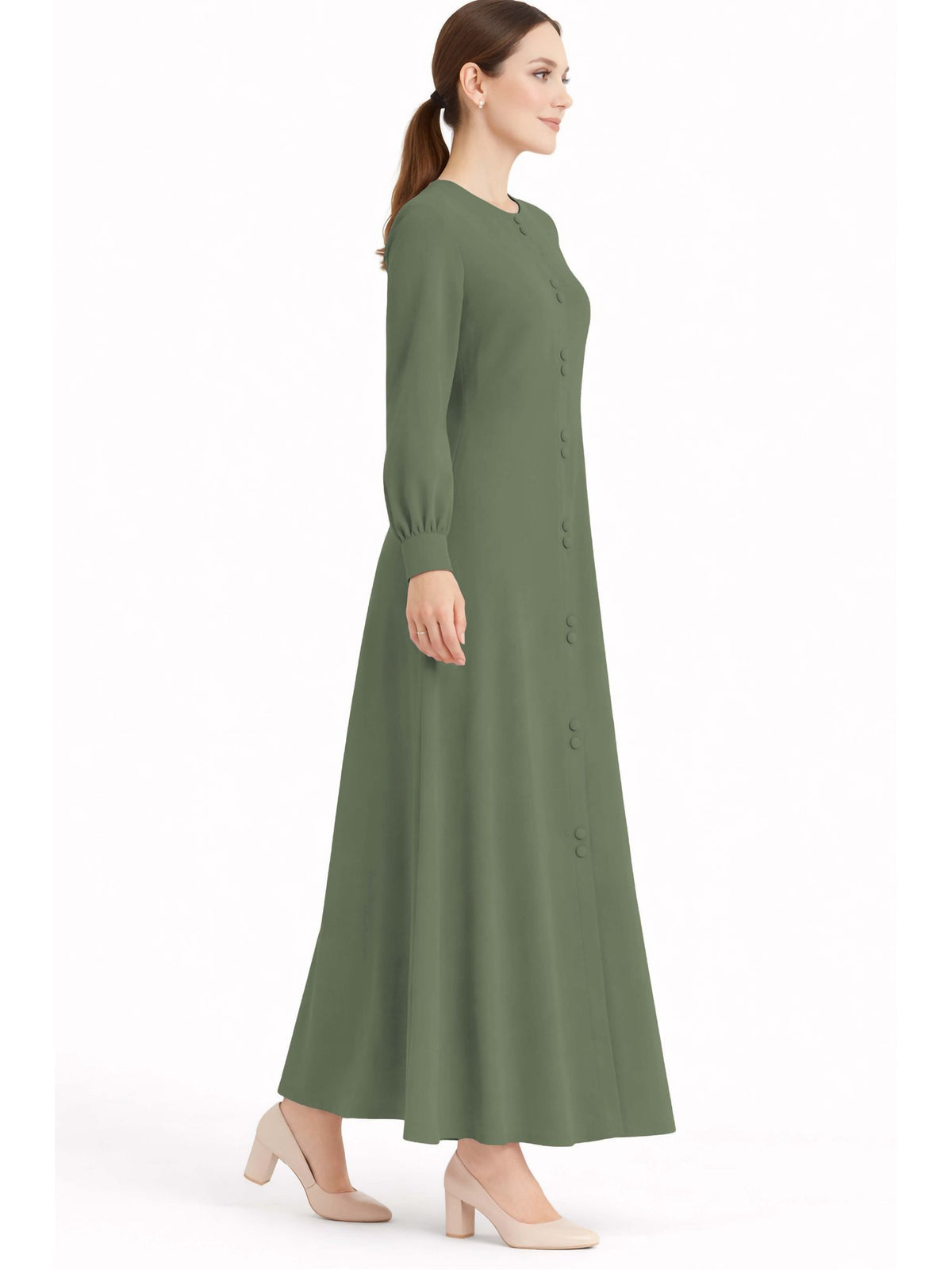 LINA GREEN – Premium Green Button Front Abaya | Round Neck | Without Hijab | Free Size | AARUH
