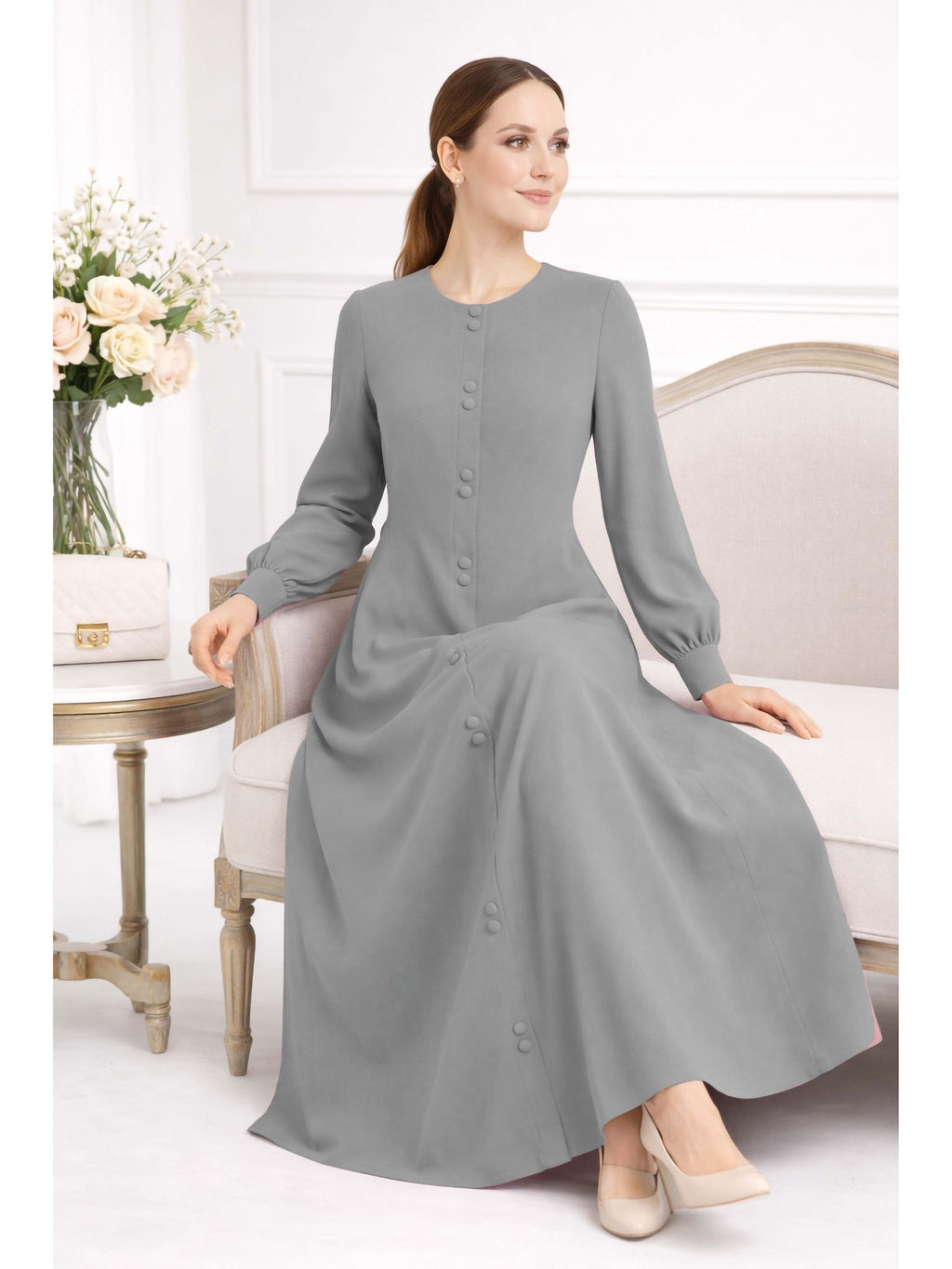 LINA STEEL GREY – Premium Steel Grey Button Front Abaya | Round Neck | Without Hijab | Free Size | AARUH