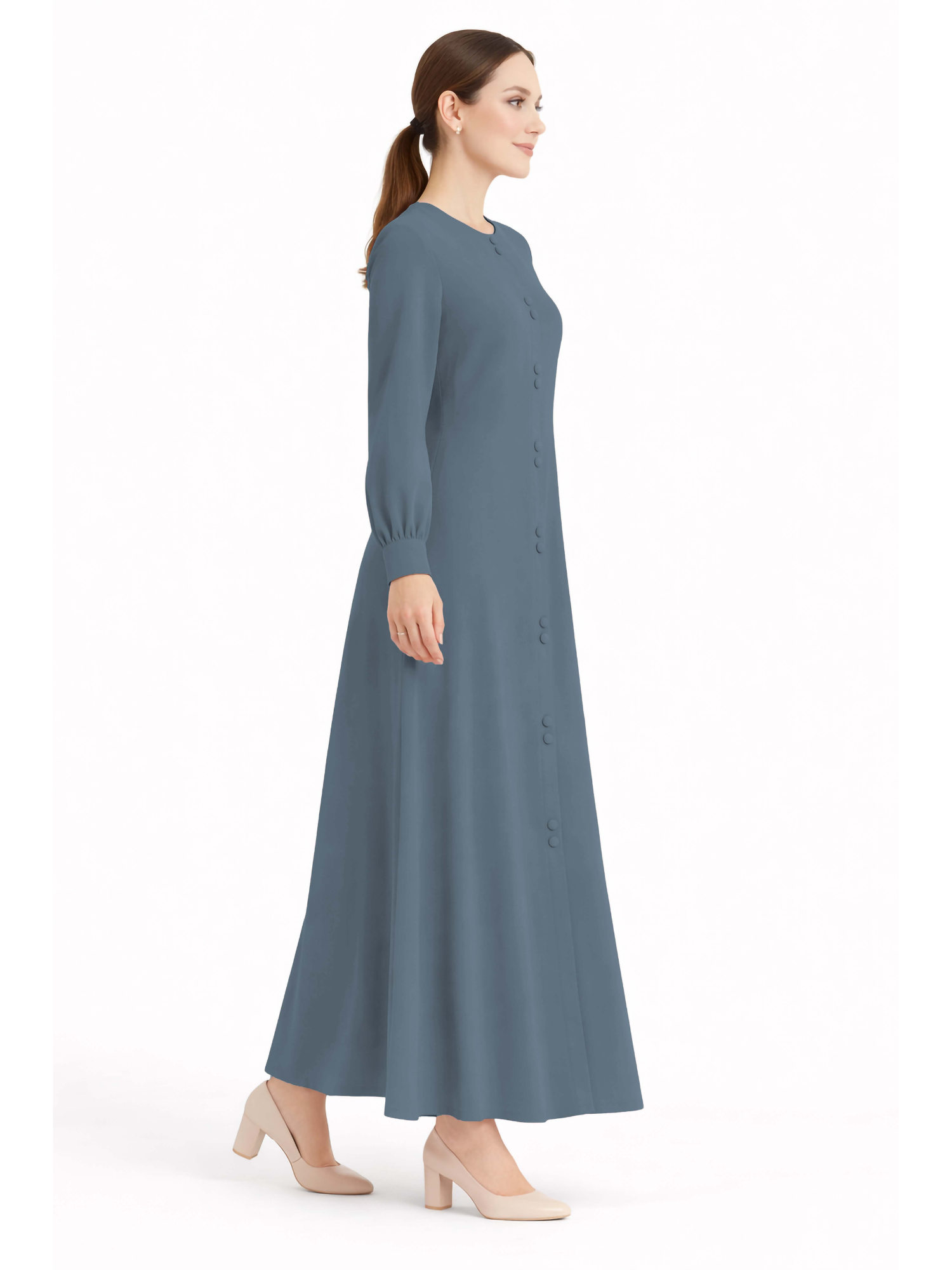 LINA BLUISH GREY – Premium Bluish Grey Button Front Abaya | Round Neck | Without Hijab | Free Size | AARUH