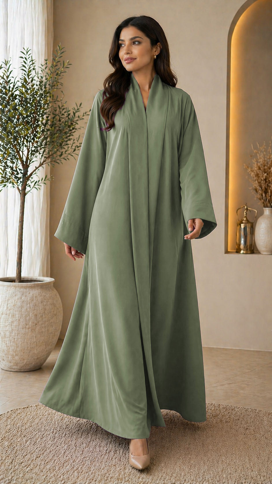 KIMONO GREEN – Premium Green Kimono Style Abaya | V Neck | Without Hijab | Free Size | AARUH