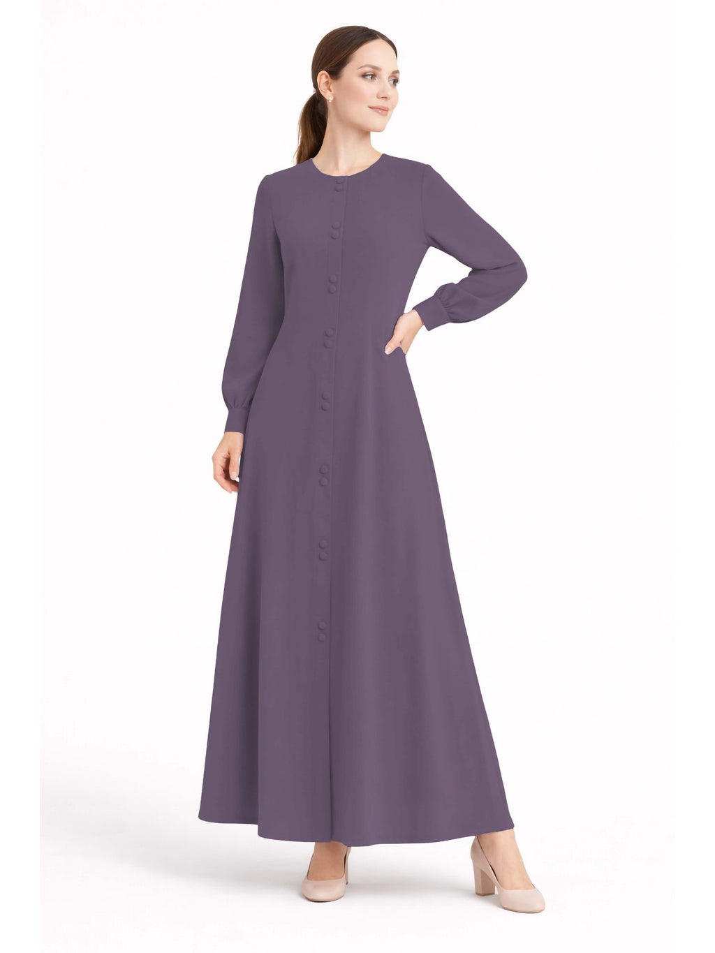 LINA LAVENDER – Premium Lavender Button Front Abaya | Round Neck | Without Hijab | Free Size | AARUH
