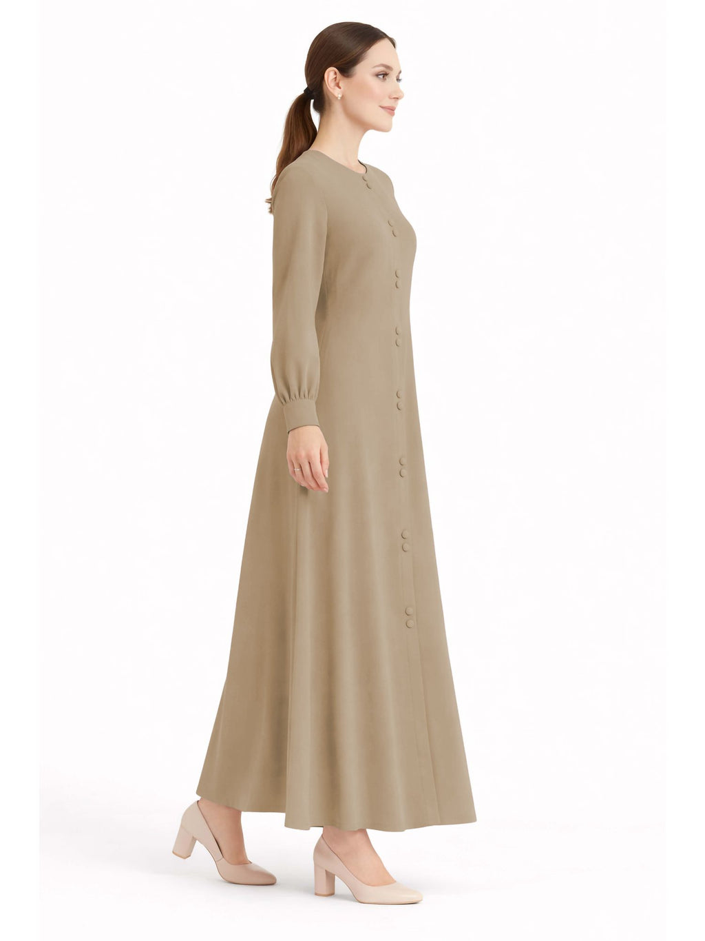 LINA BROWN – Premium Brown Button Front Abaya | Round Neck | Without Hijab | Free Size | AARUH