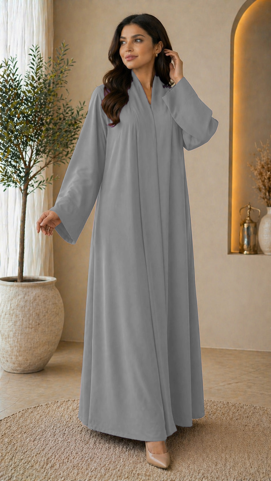 KIMONO STEEL GREY – Premium Steel Grey Kimono Style Abaya | V Neck | Without Hijab | Free Size | AARUH
