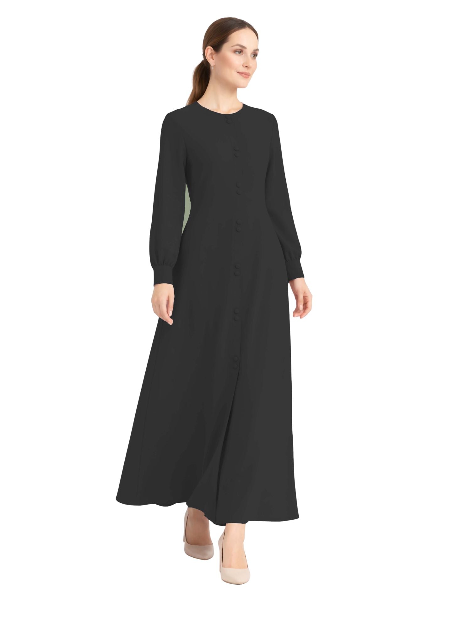LINA BLACK – Premium Black Button Front Abaya | Round Neck | Without Hijab | Free Size | AARUH