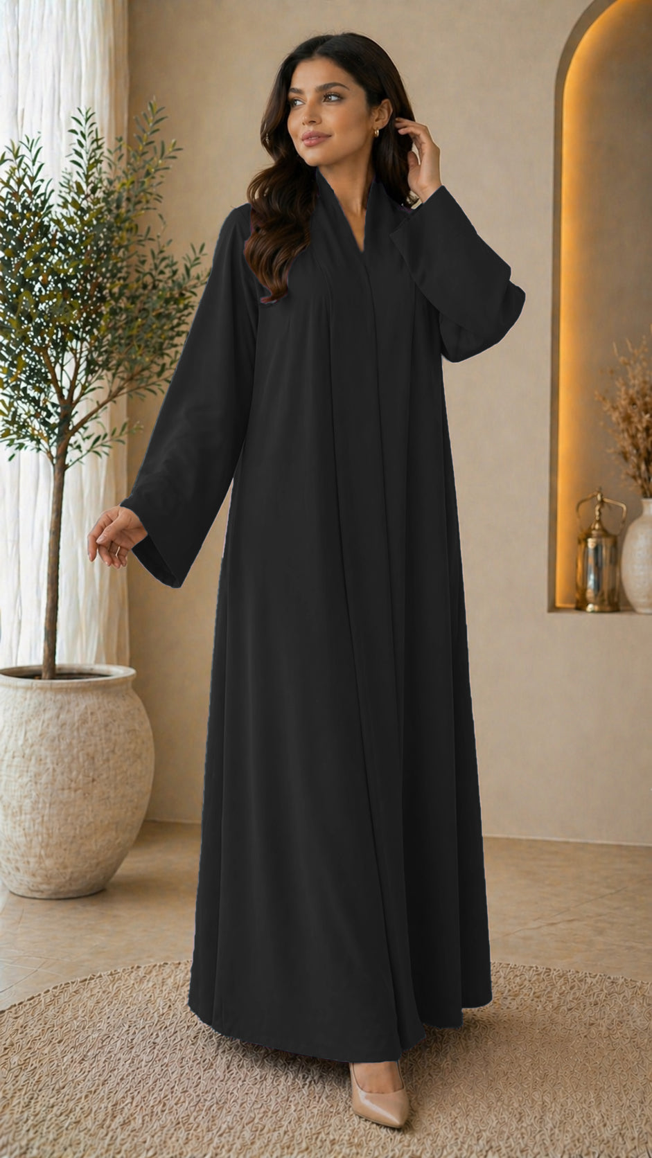 KIMONO BLACK – Premium Black Kimono Style Abaya | V Neck | Without Hijab | Free Size | AARUH