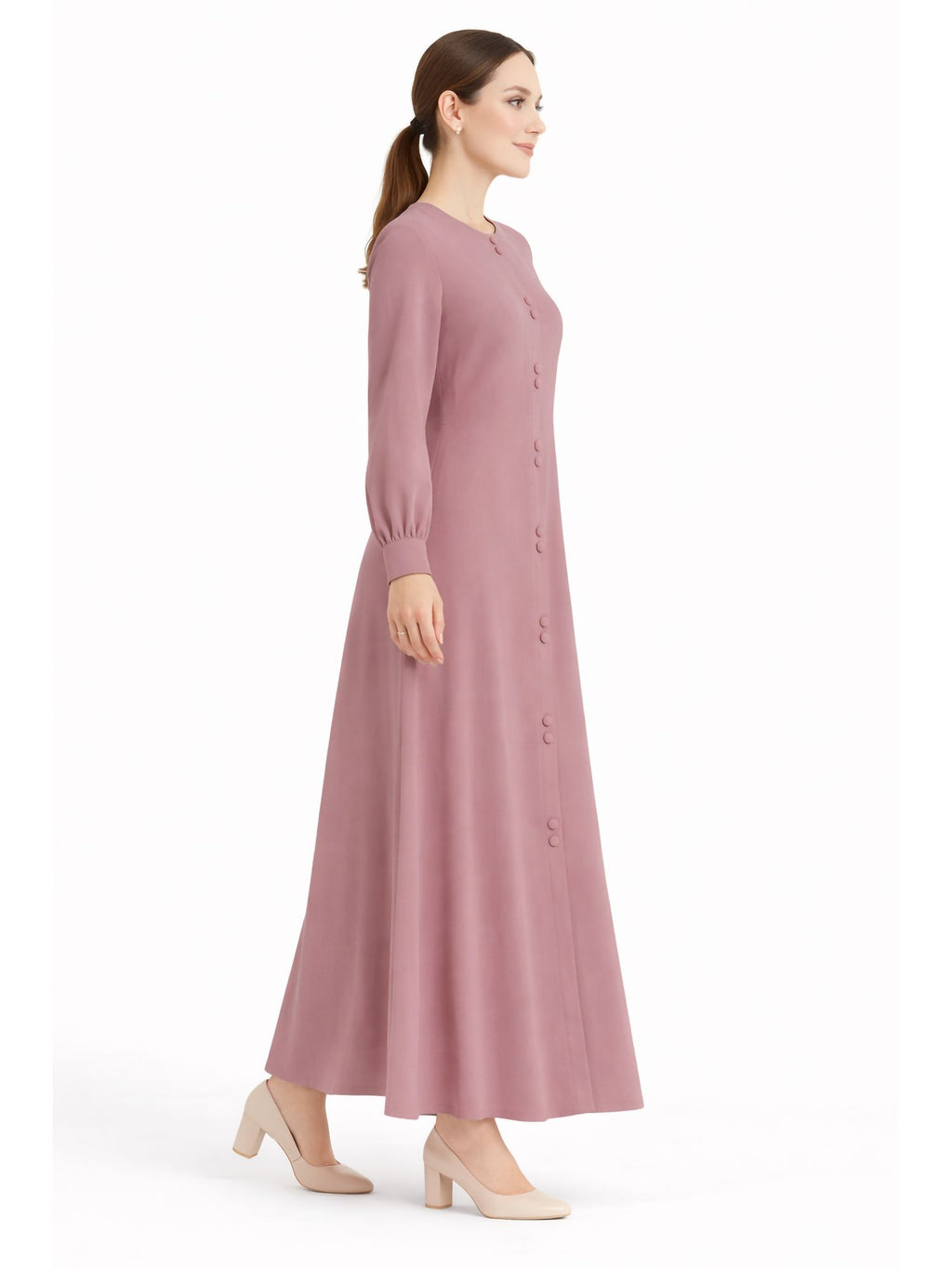 LINA BABY PINK – Premium Baby Pink Button Front Abaya | Round Neck | Without Hijab | Free Size | AARUH