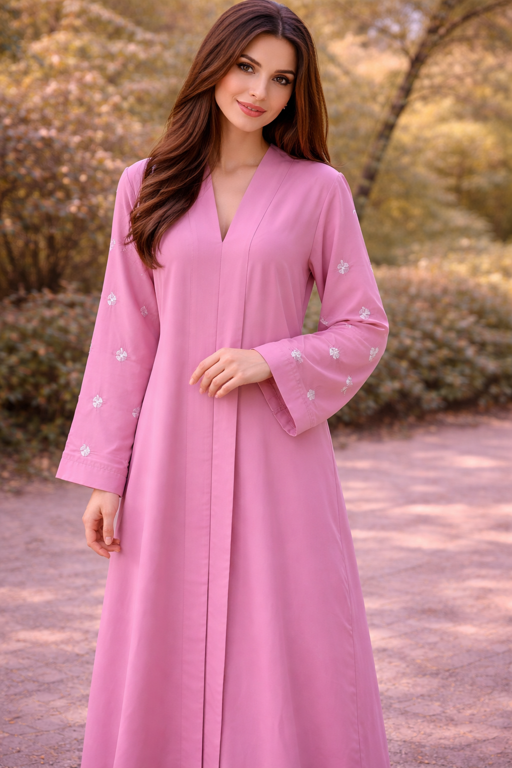 KIMONO BABY PINK PETAL – Premium Embroidered Kimono Style Abaya | V Neck | Without Hijab | Free Size | AARUH
