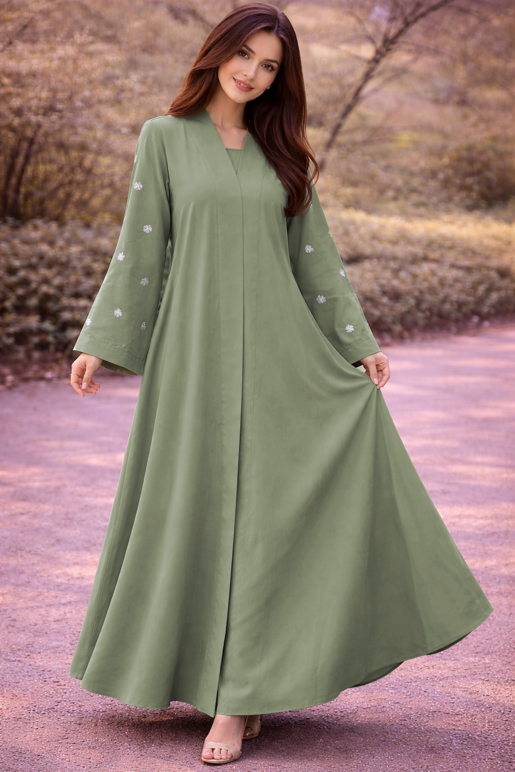 KIMONO GREEN PETAL – Premium Embroidered Kimono Style Abaya | V Neck | Without Hijab | Free Size | AARUH