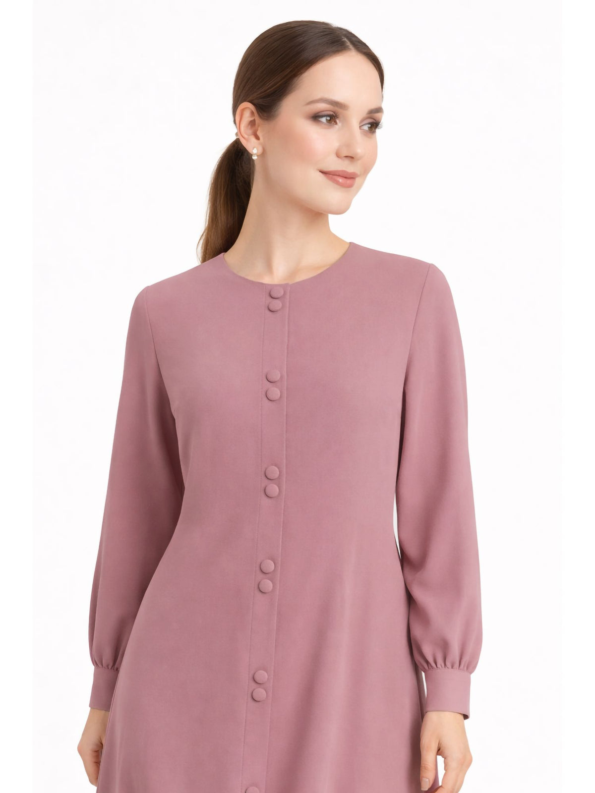 LINA BABY PINK – Premium Baby Pink Button Front Abaya | Round Neck | Without Hijab | Free Size | AARUH