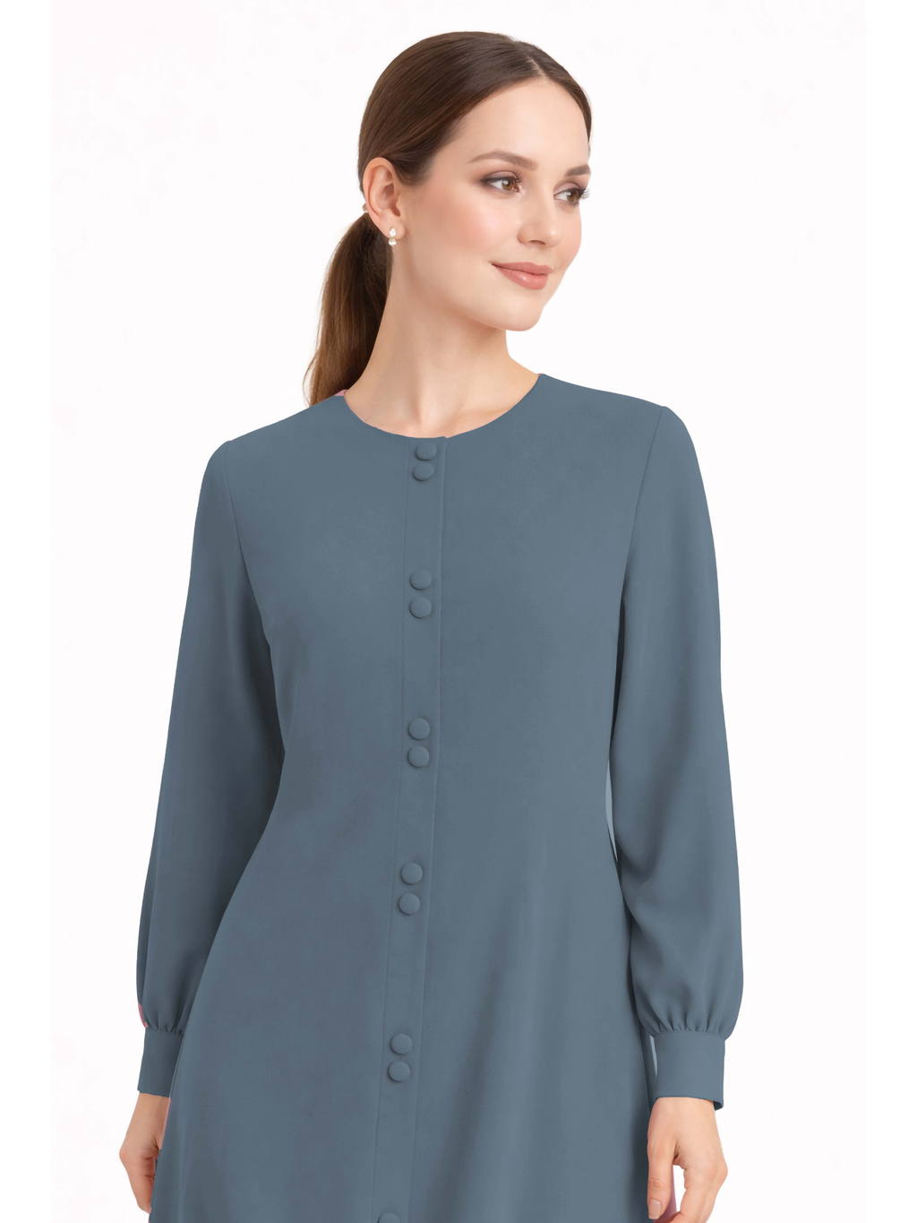 LINA BLUISH GREY – Premium Bluish Grey Button Front Abaya | Round Neck | Without Hijab | Free Size | AARUH