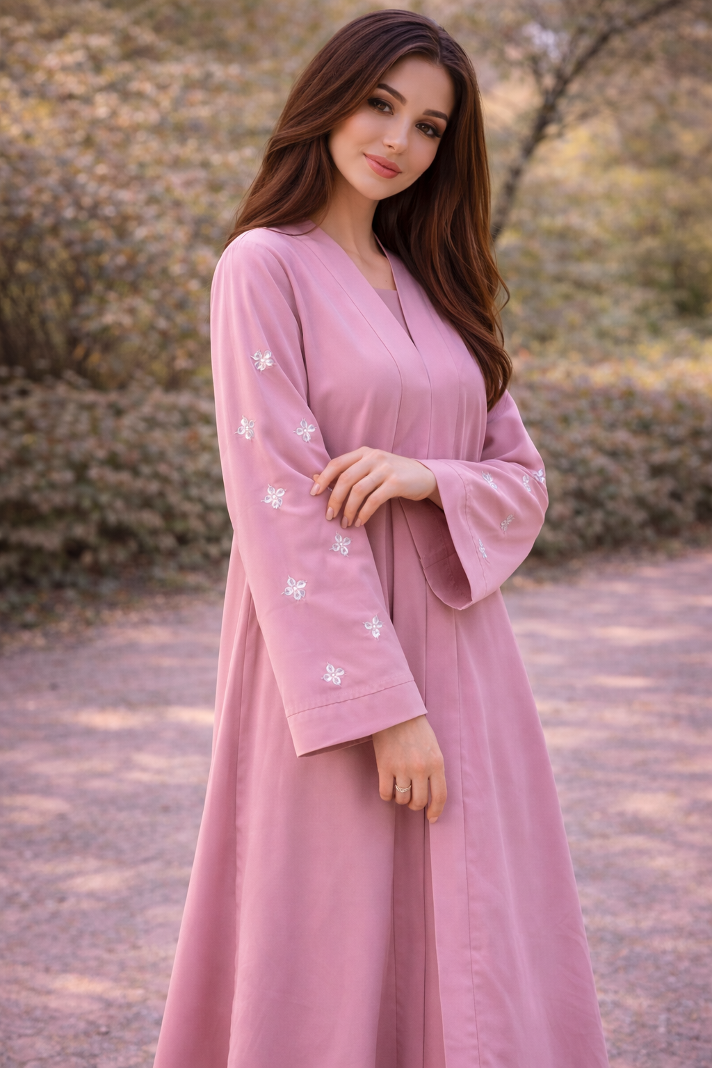 KIMONO BABY PINK PETAL – Premium Embroidered Kimono Style Abaya | V Neck | Without Hijab | Free Size | AARUH
