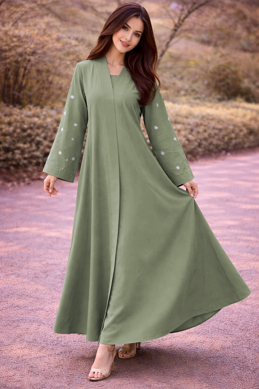 KIMONO GREEN PETAL – Premium Embroidered Kimono Style Abaya | V Neck | Without Hijab | Free Size | AARUH
