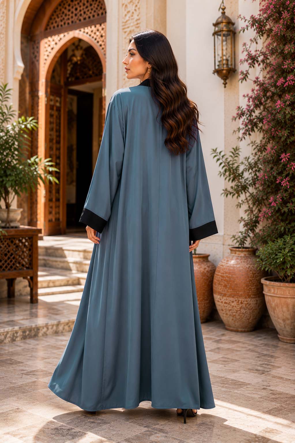 Blue Grey Contrast Open Abaya Elegant Two-Tone Modest Wear | AARUH Fashion & Fabrics