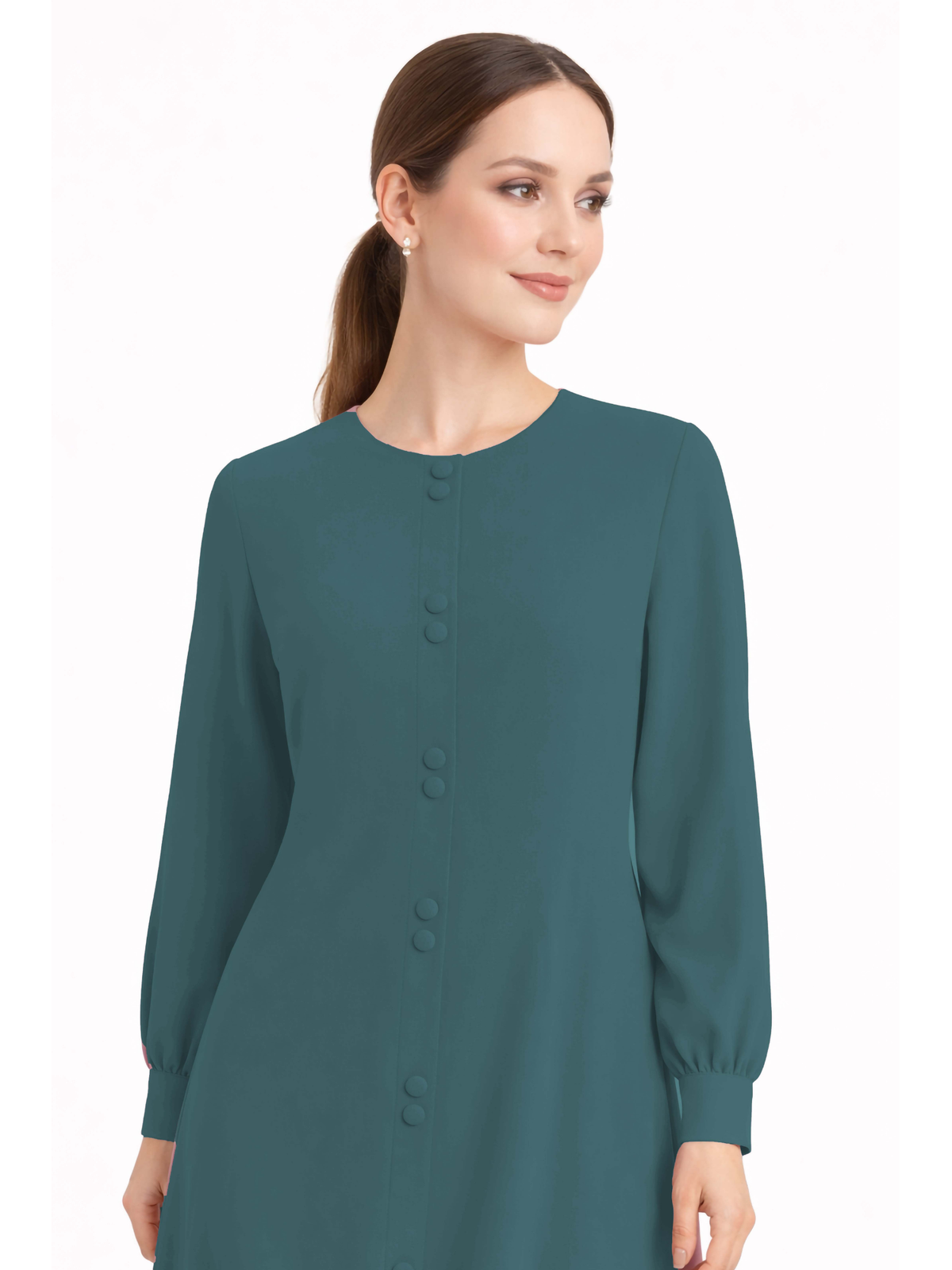LINA TEAL – Premium Teal Button Front Abaya | Round Neck | Without Hijab | Free Size | AARUH