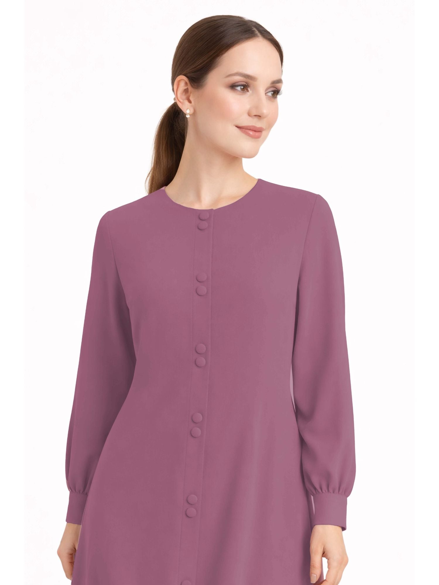 LINA PINK – Premium Pink Button Front Abaya | Round Neck | Without Hijab | Free Size | AARUH