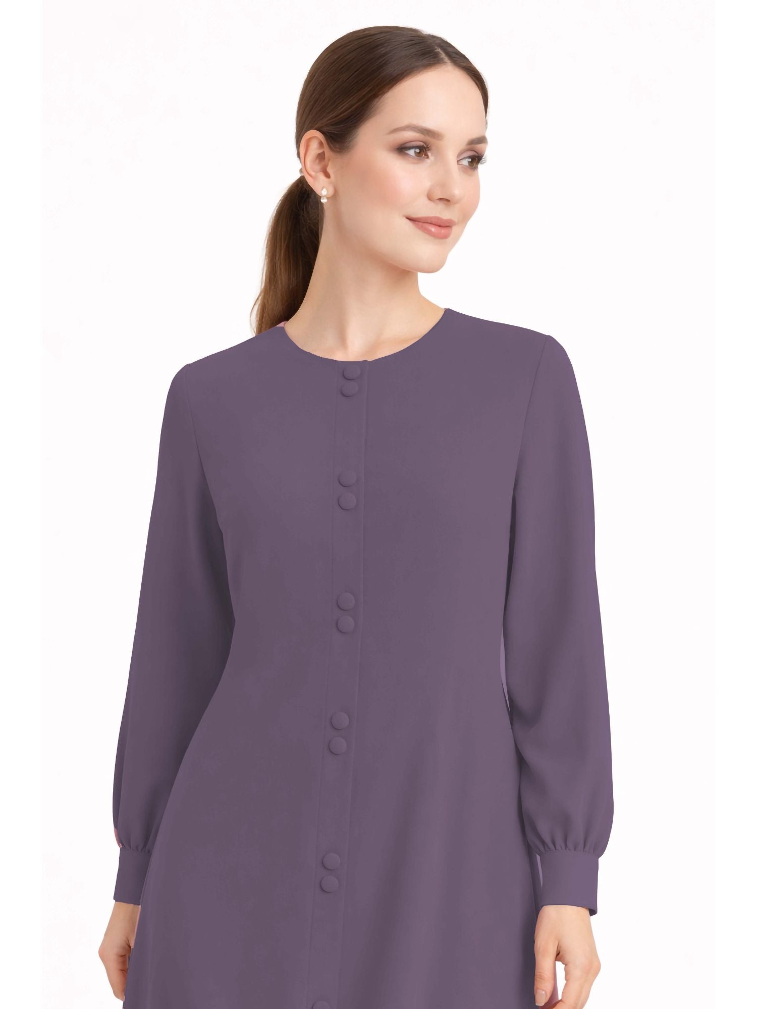 LINA LAVENDER – Premium Lavender Button Front Abaya | Round Neck | Without Hijab | Free Size | AARUH