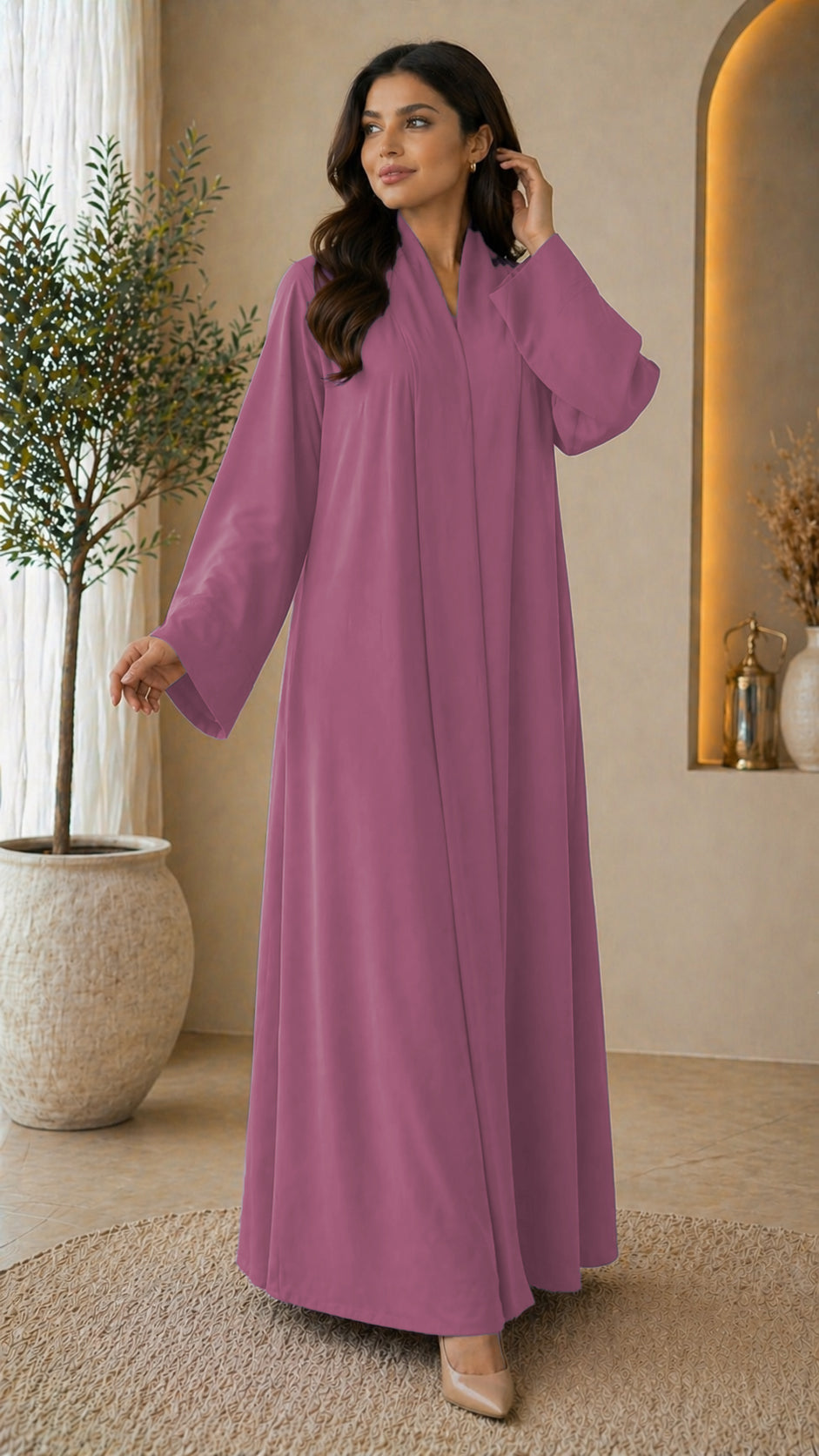 KIMONO PINK – Premium Pink Kimono Style Abaya | V Neck | Without Hijab | Free Size | AARUH