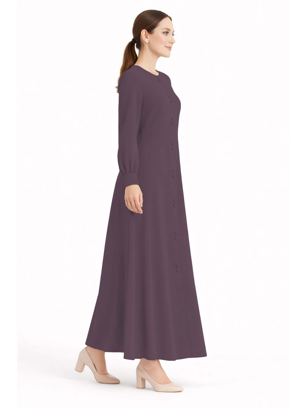 LINA DARK PURPLE – Premium Dark Purple Button Front Abaya | Round Neck | Without Hijab | Free Size | AARUH