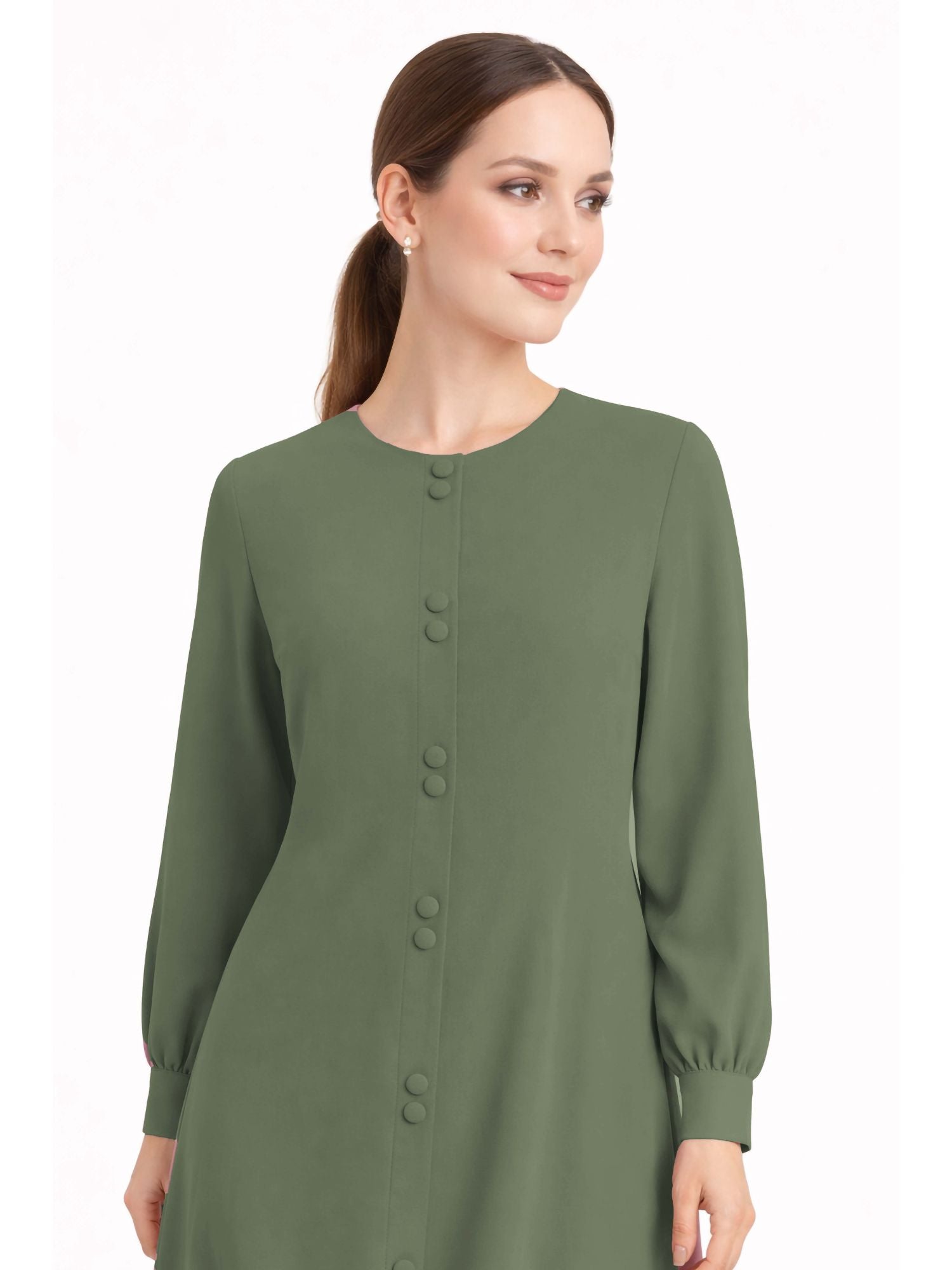 LINA GREEN – Premium Green Button Front Abaya | Round Neck | Without Hijab | Free Size | AARUH