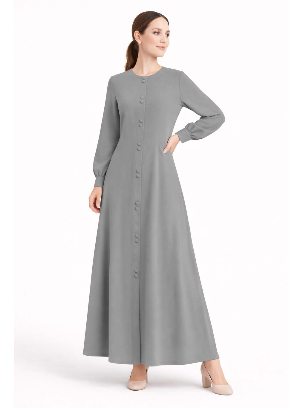 LINA STEEL GREY – Premium Steel Grey Button Front Abaya | Round Neck | Without Hijab | Free Size | AARUH