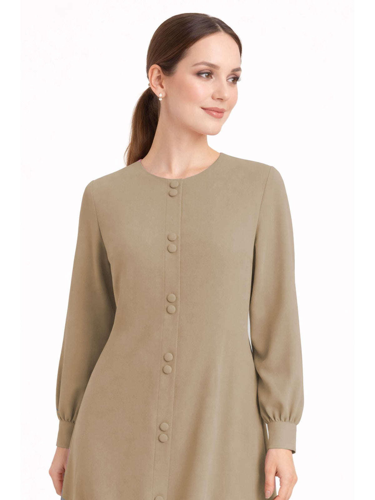LINA BROWN – Premium Brown Button Front Abaya | Round Neck | Without Hijab | Free Size | AARUH