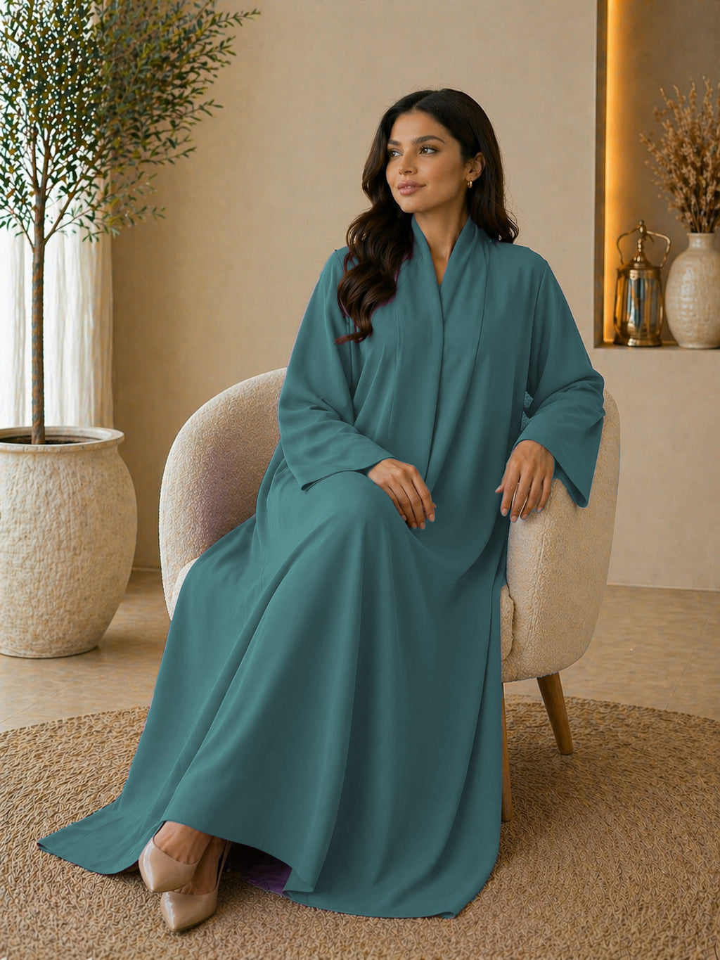 KIMONO TEAL – Premium Teal Kimono Style Abaya | V Neck | Without Hijab | Free Size | AARUH