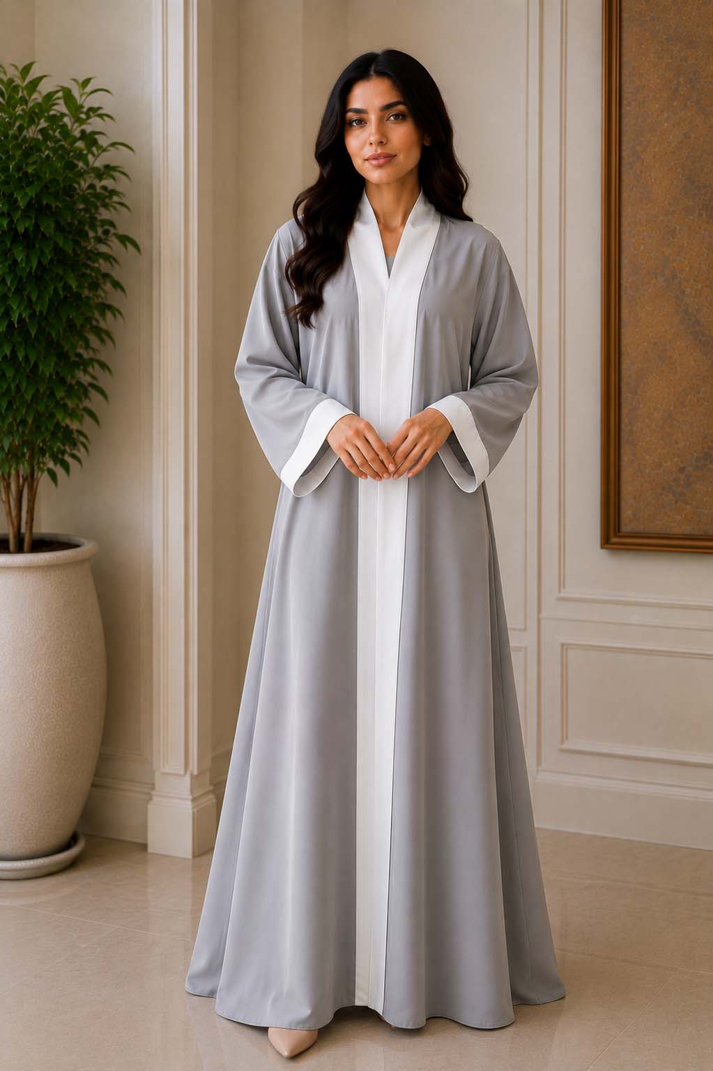 Light Grey Contrast Abaya Elegant Two-Tone Modest Wear | AARUH Fashion & Fabrics