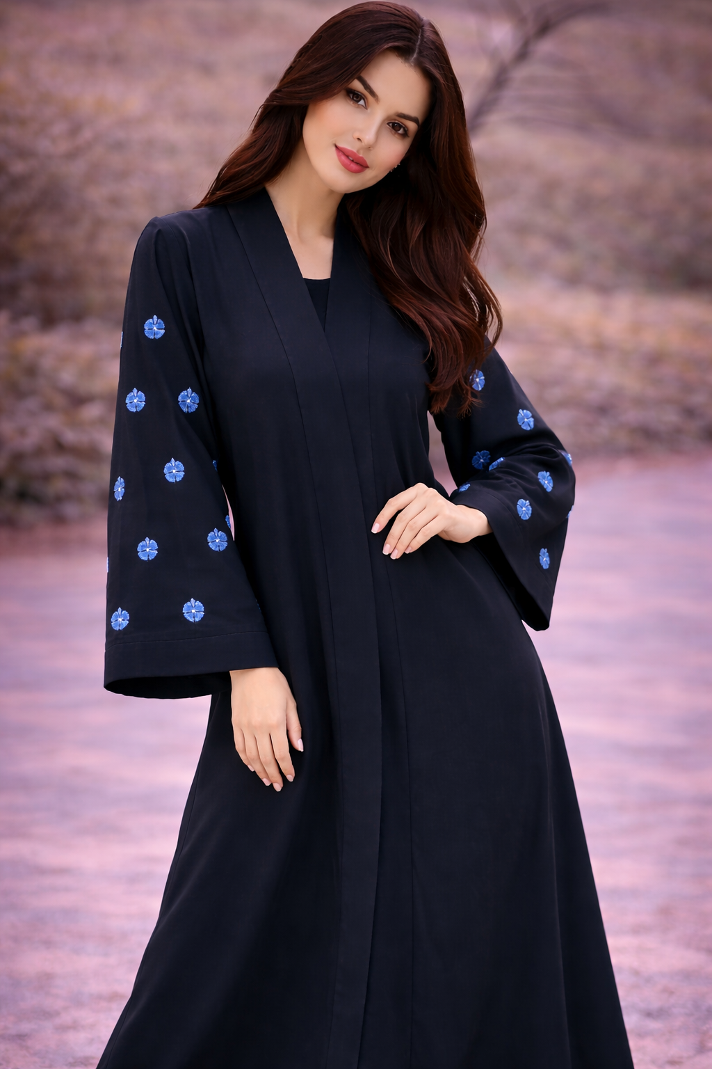 KIMONO BLACK PETAL – Premium Embroidered Kimono Style Abaya | V Neck | Without Hijab | Free Size | AARUH