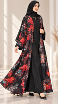 AARUH Black Floral Printed Open Front Abaya with Inner Dress & Hijab