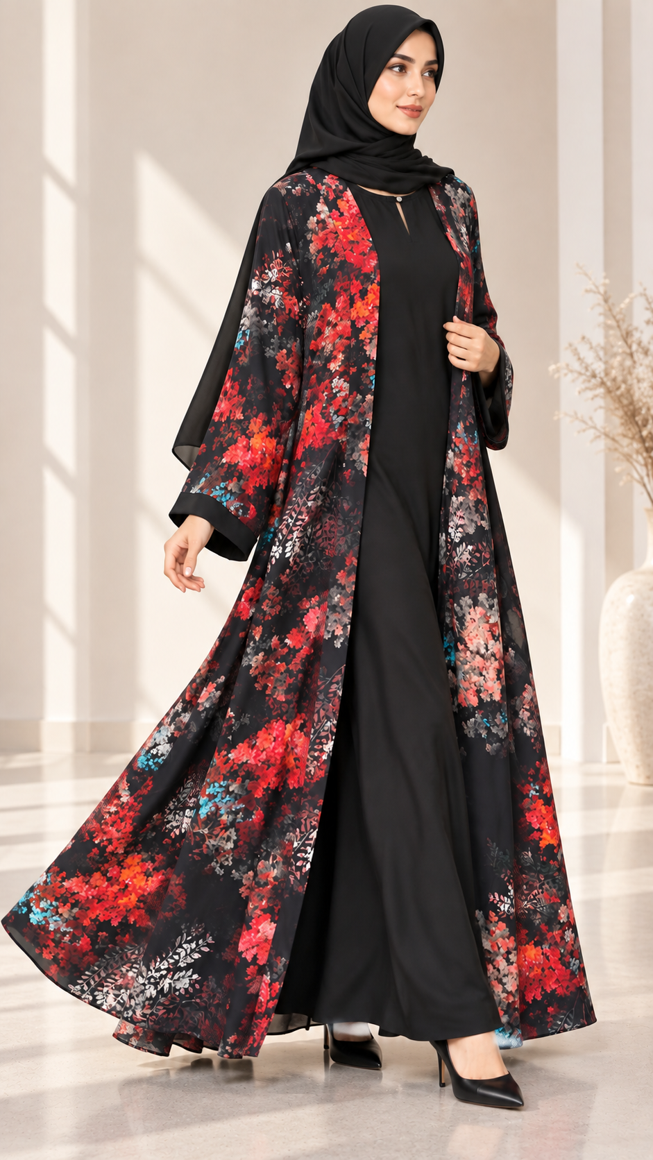 AARUH Black Floral Printed Open Front Abaya with Inner Dress & Hijab
