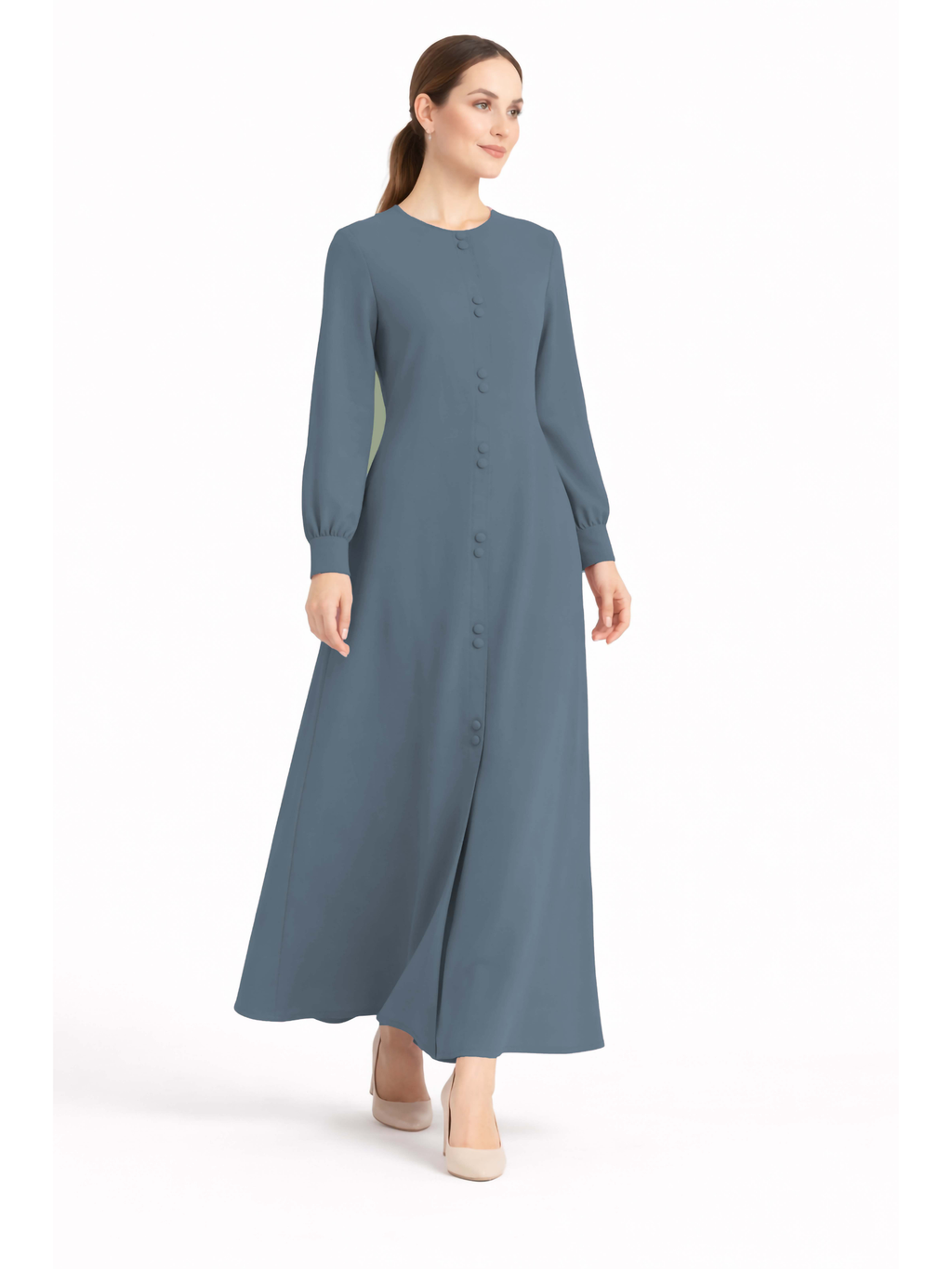 LINA BLUISH GREY – Premium Bluish Grey Button Front Abaya | Round Neck | Without Hijab | Free Size | AARUH