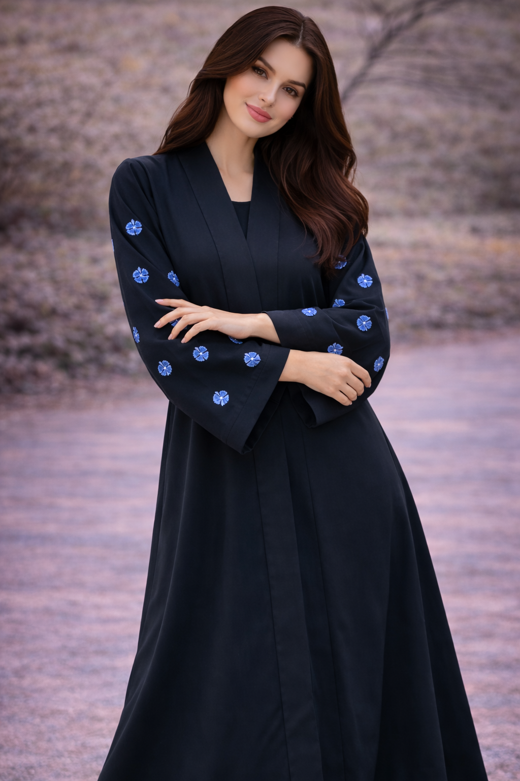 KIMONO BLACK PETAL – Premium Embroidered Kimono Style Abaya | V Neck | Without Hijab | Free Size | AARUH
